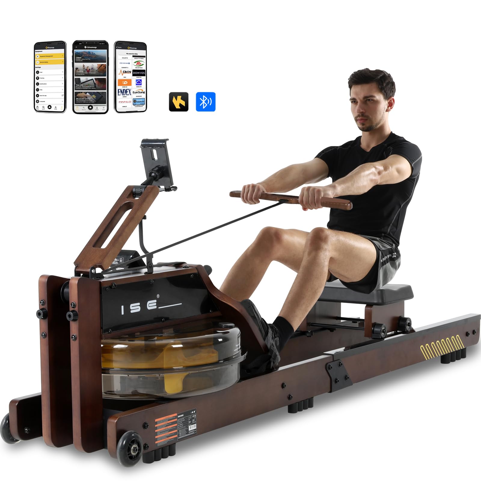 ISE Rameur Pliable à Eau Fitness, Rameur d'Appartement Pliable Maison/Bureau, avec Pompe à Eau, Niveau Résistance 30KG Maxi, Écran LCD, Siège Réglable, Water Rowing Machine Roue Transport Rail Lisse