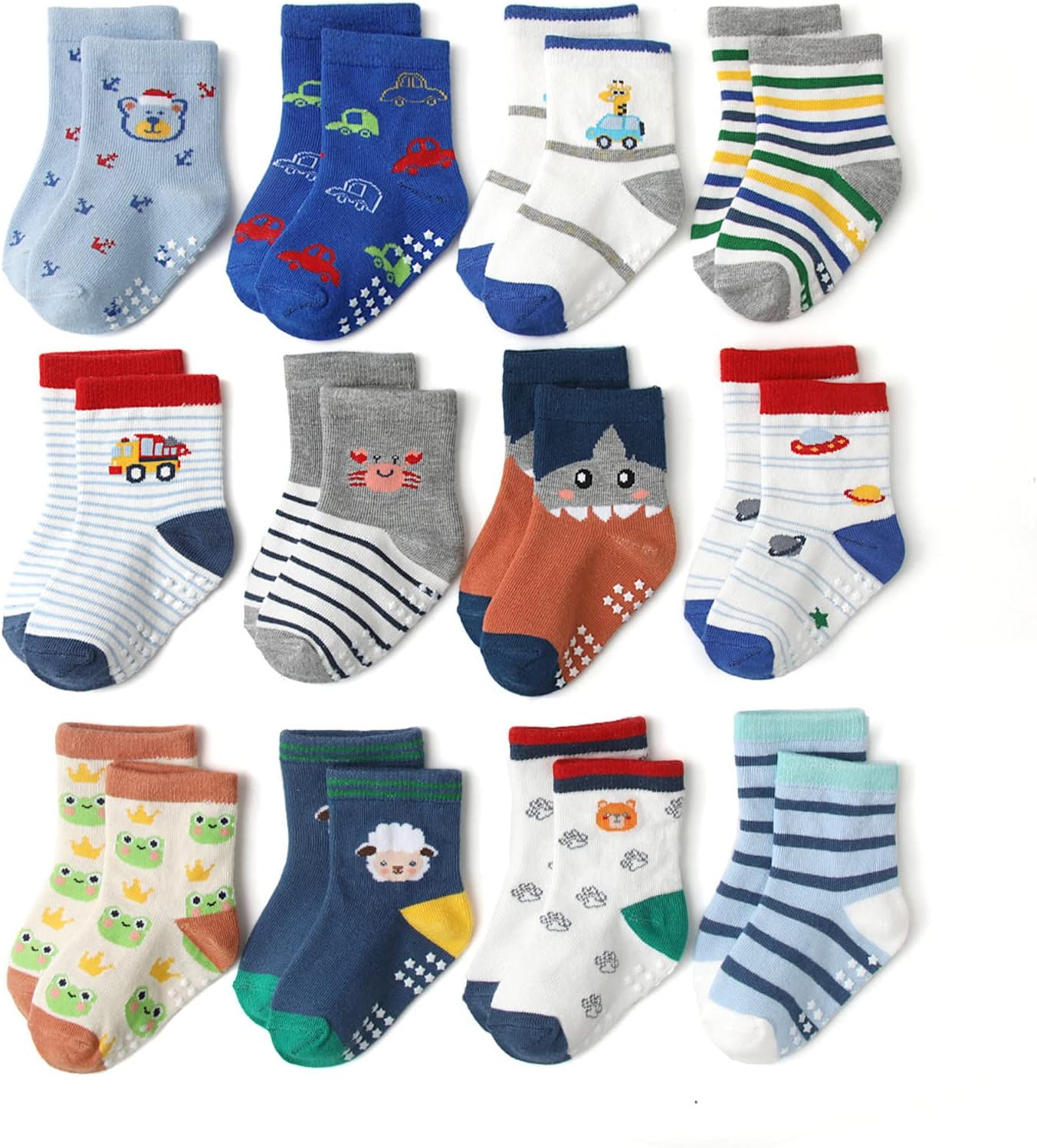 HaimoBurg 12 Paia di Calze Antiscivolo in Cotone Traspirante per Bambini da 1 a 5 Anni Calzini Bambino Bambina Neonato