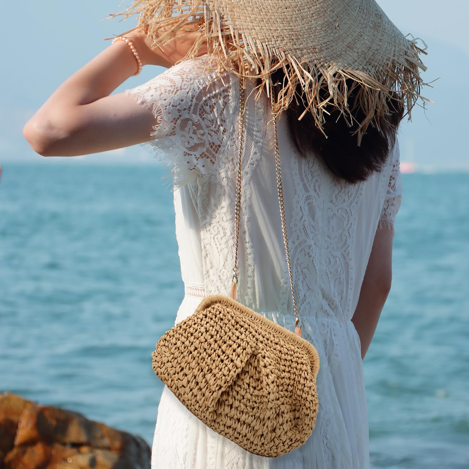Freie Liebe Bolsos de mano de paja para mujer, bolso pequeño tejido de bola de masa hervida, bolso de mano de mimbre para verano, playa, bolso cruzado