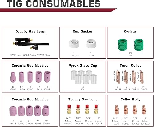 Miniatura 3 de ARCCAPTAIN TIG Kit de accesorios de soplete de soldadura 49 unids boquilla de alúmina Collets Cuerpo Stubby Gas Lens #10 Copa de vidrio consumibles