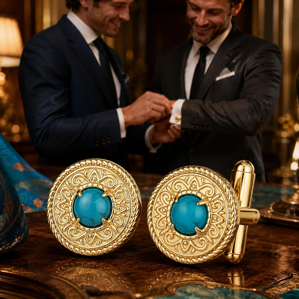 Gemelos de turquesa natural S925 para boda y día del padre, regalo para hombres
