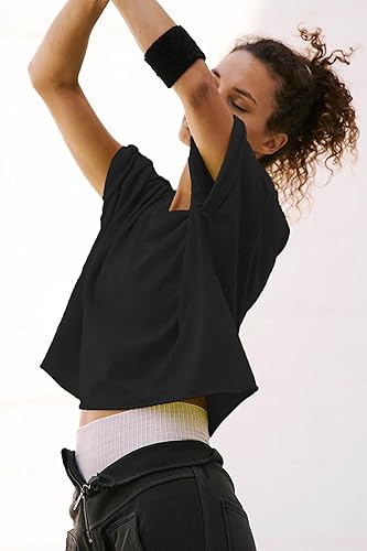 Miniatura 3 de Tops para Mujeres de Moda, Algodón Casual Media Manga Top Corto Básico, Suéter Hombro Caído Dobladillo Enrollado Camisas Tallas Grandes