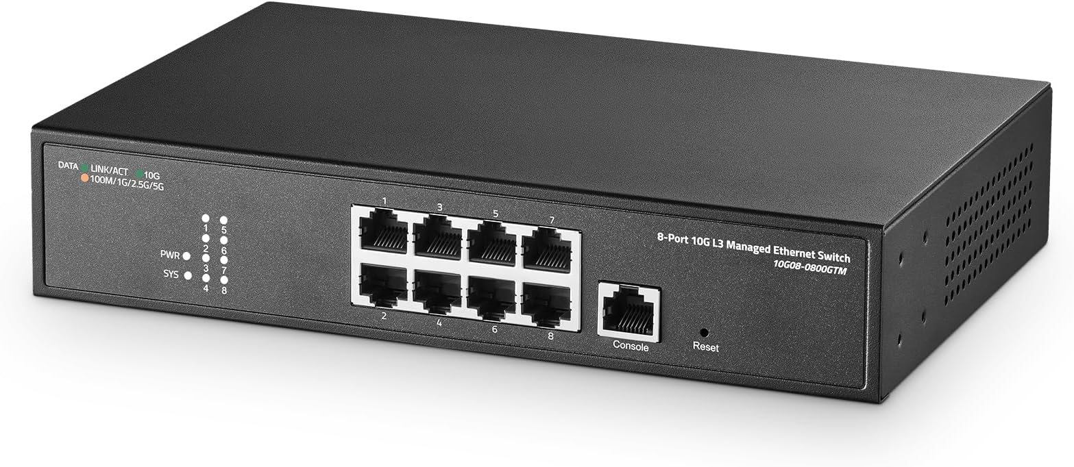 Binardat 8 Port 10 Gigabit Managed Switch, Support 1G/2.5G/5G/10G Ethernet, 160Gbps Bandwidth, L3 Web/CLI Managed, Metal RackMount Network Switch