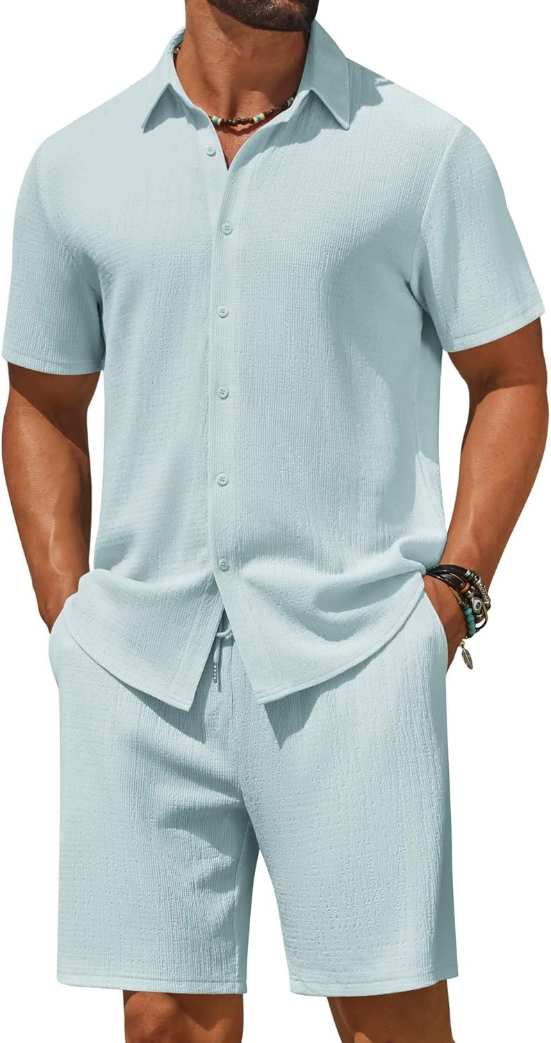 COOFANDY Men's 2 Piece Outfit Casual Short Sleeve Button Down Shirt and Beach Shorts Set Summer Vacation Outfits for Men