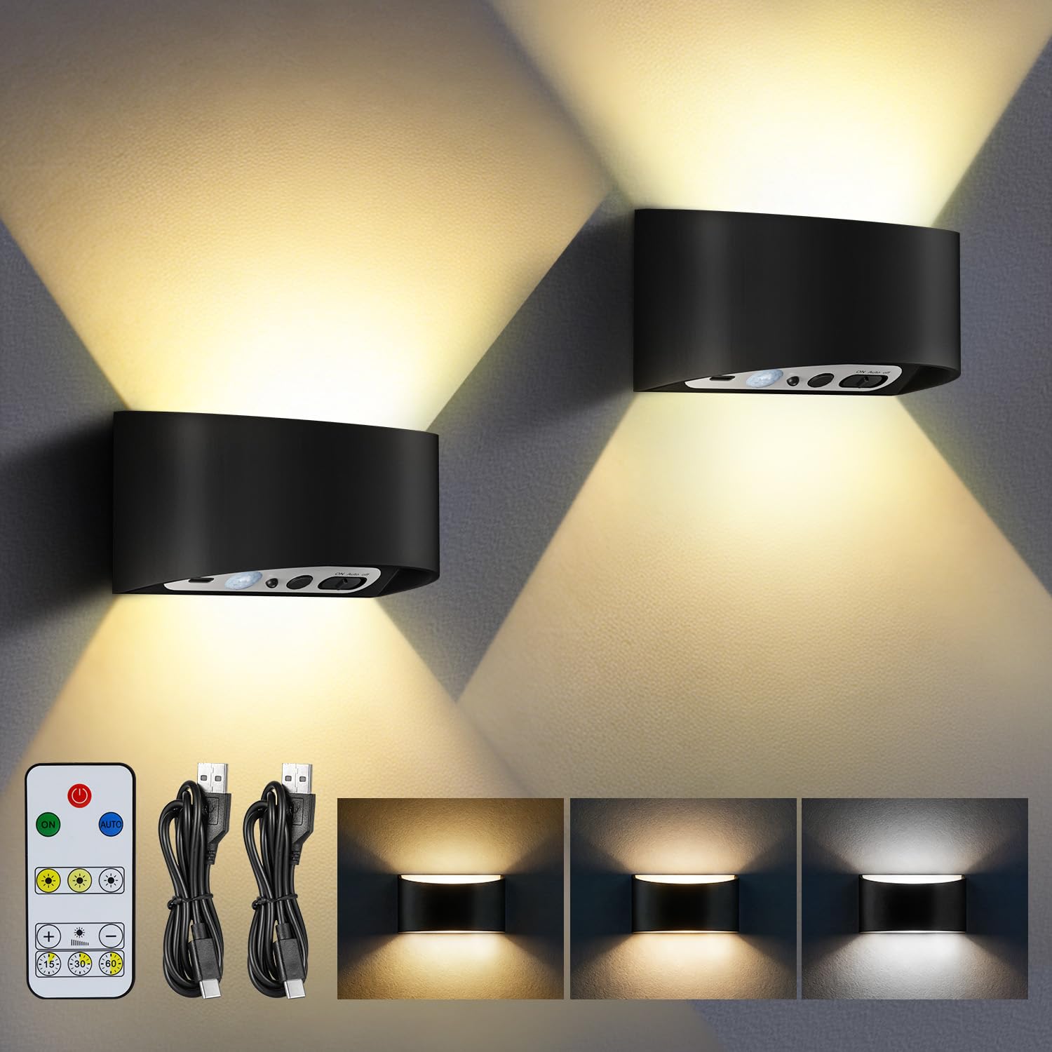 2 Piezas Aplique LED de Pared Interior con Sensor de Movimiento, Apliques Pared 5.000 mAh Recargable sin Cable, 3 Temperaturas, Mando 7 m, Lámpara de Pared Negro, Dormitorio Pasillo Escalera
