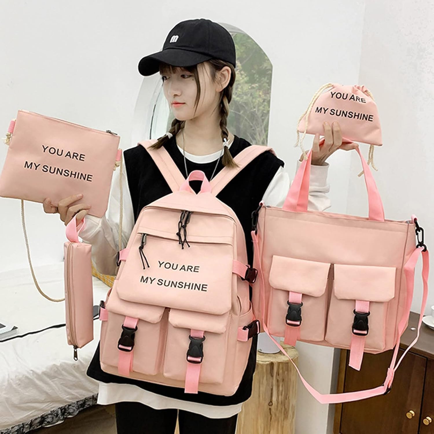 Mochila Juvenil Con Correa Para El Pecho, Kit De 5 Piezas (mochila + Bolso Bandolera + 2 Monederos + Estuche) - Tamaño 33x12x40 Cm, Ideal Para Colegio, Campus O Viajes