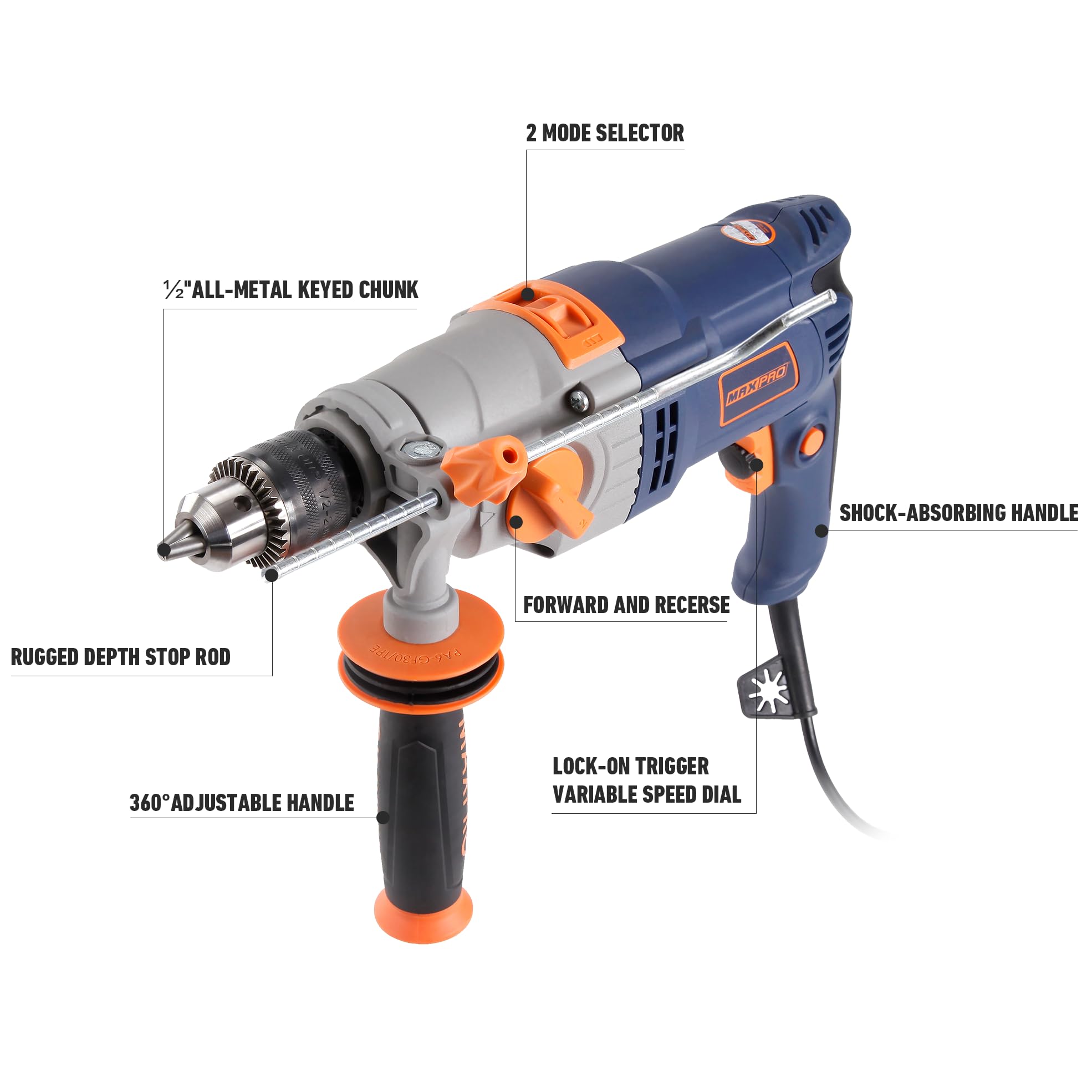 MAXPRO Perceuse à Percussion Filaire1050W 2800RPM, Bouton de Vitesse Variable, Fonction Marteau et Perceuse 2 en 1, Mandrin 13mm,Poignée à Rotation 360°