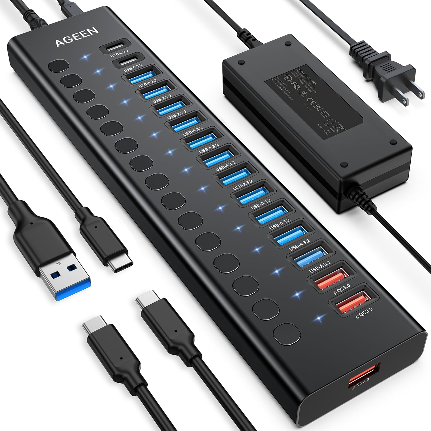 AGEEN 16-Port Powered USB 3 2 Hub-10Gbps SuperSpeed Data Splitter with 2 USB-C 11 USB-A Ports 3 x