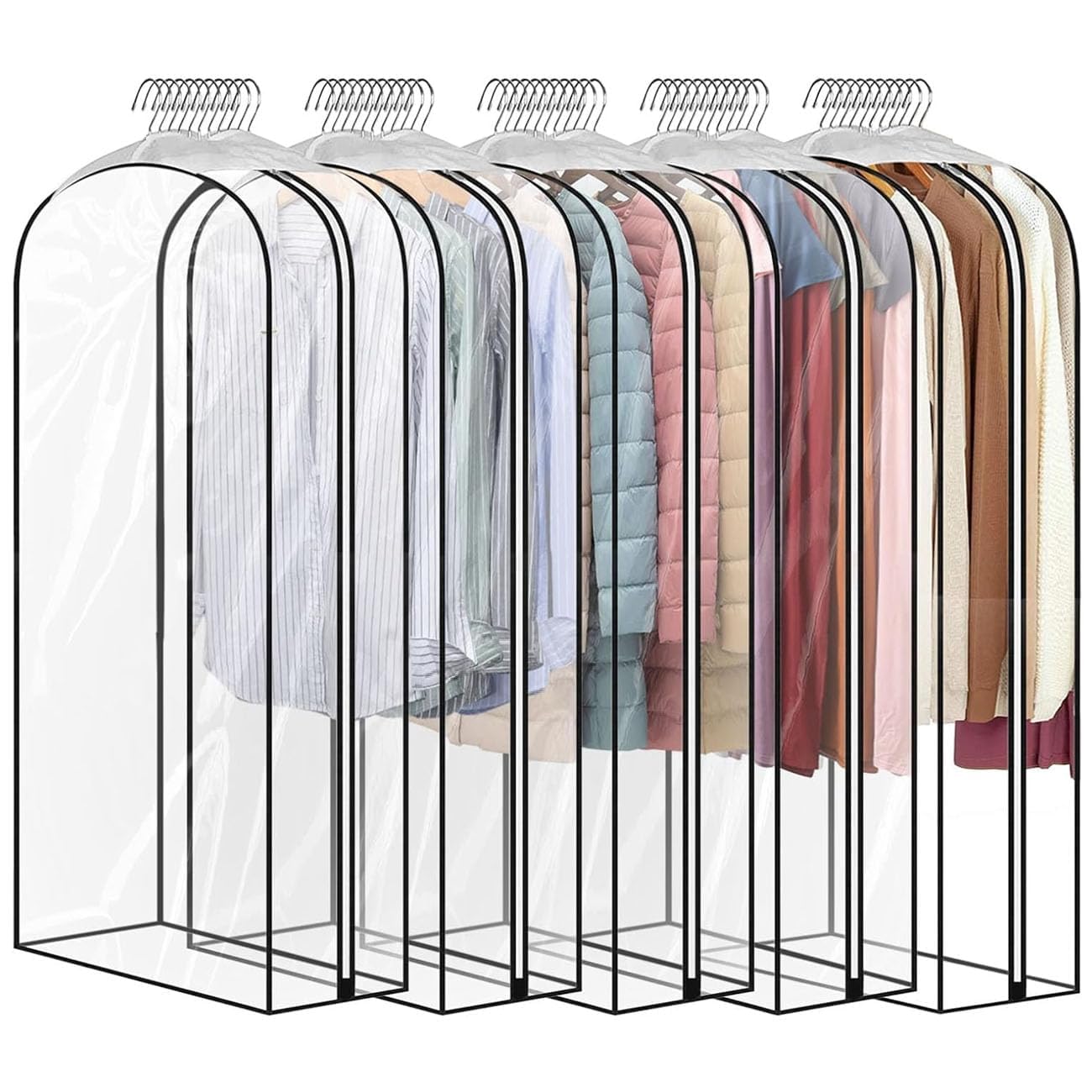 5 Pack 50" All Clear Garment Bags for Hanging Clothes Storage, 10" Gusseted Large Capacity Garment Rack Cover, Large Hanging Clothing Bag for Dress Gowns, Coats, Suit, Down Jacket