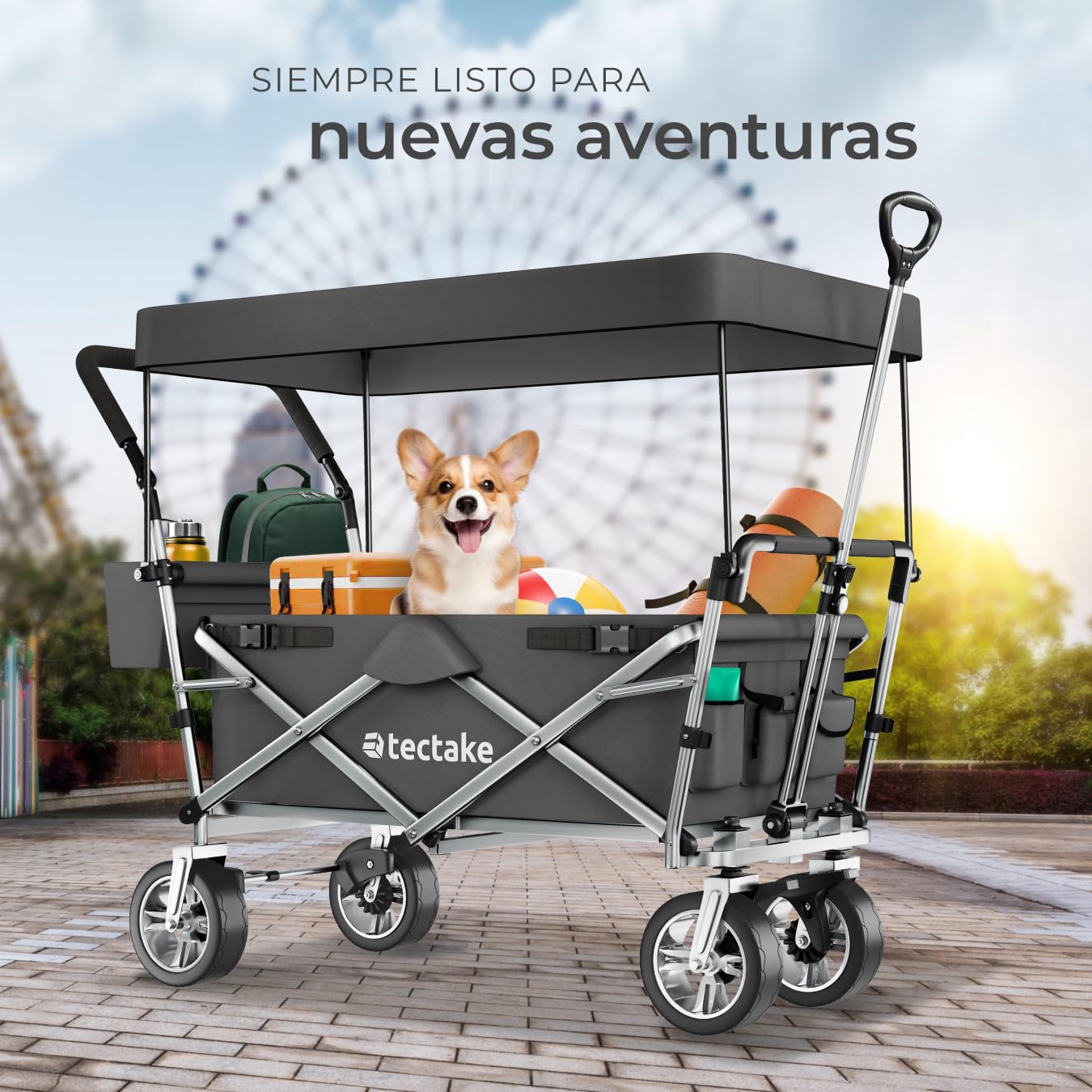 tectake® Carro Plegable para Jardín, Carro Transporte con Techo Desmontable, Carrito Playa con Asa Telescópica, Carretilla Jardín con Bolsa Trasera, Carro Camping Multiuso, Capacidad 80 kg - gris