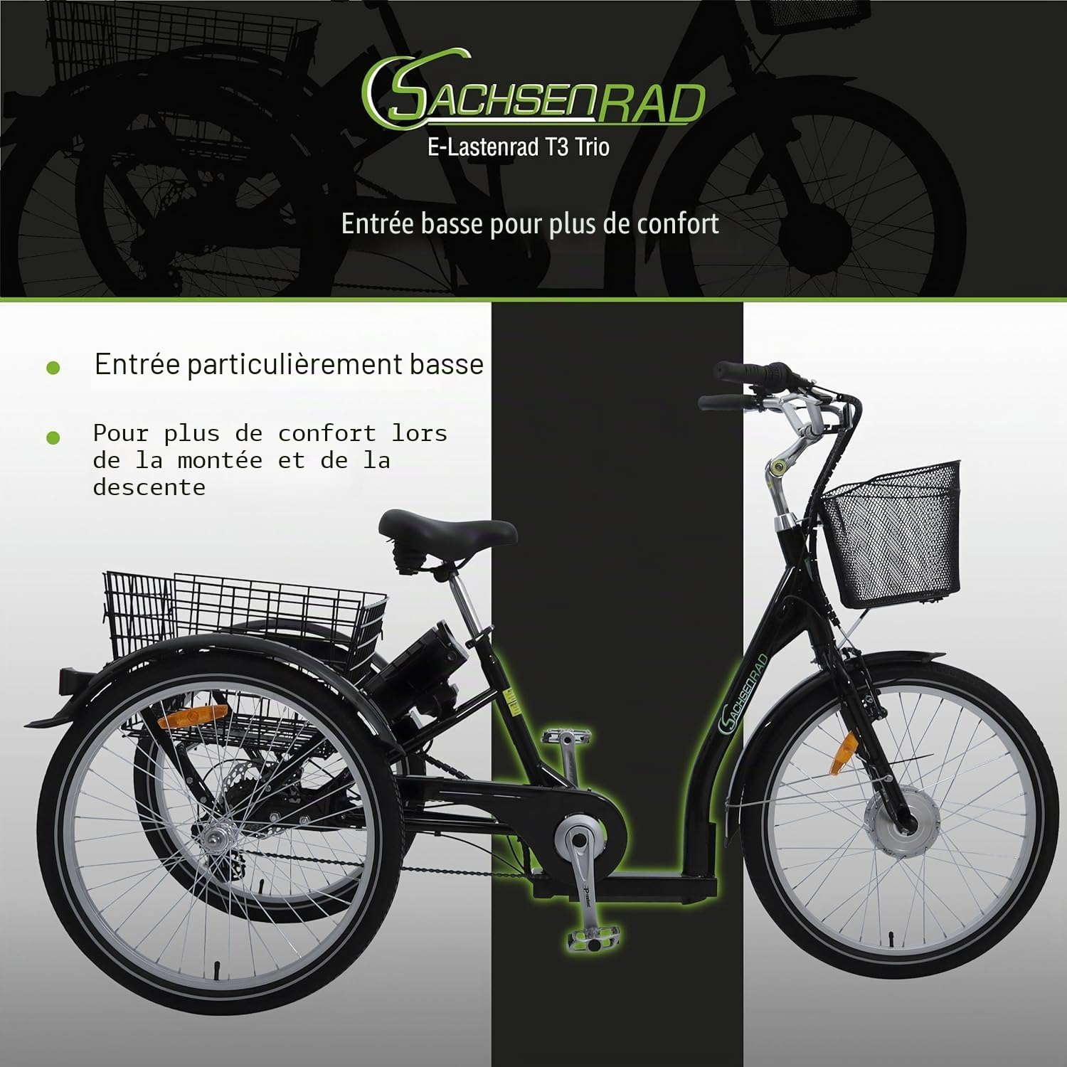 BAFANG Vélo cargo électrique T3A 250 W 36 V, 16 Ah | 100 Nm BAFANG Moteur central avec dérailleur 8 vitesses pour transport enfant Ebike Pedelec, cellule LG noire avec housse de pluie