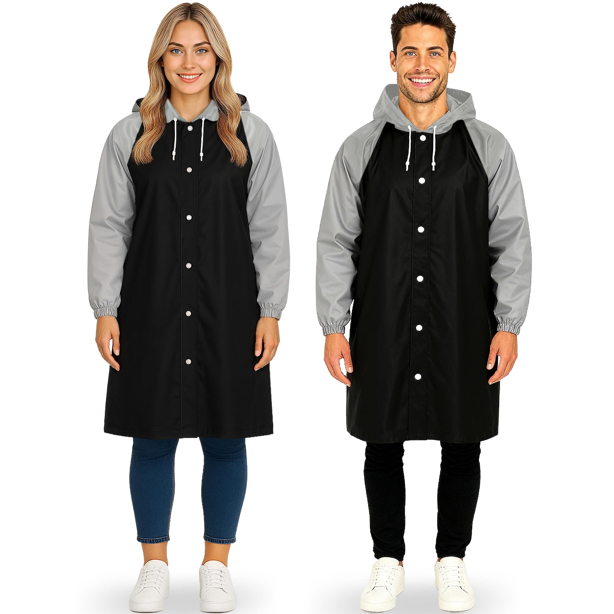 Redstar Unisex Black/Grey 2 Pack Of Rain Ponchos - Long Rain Poncho Waterproof Adult Raincoats With Hood - Reusable Rain Coats For Women Or Rain Coats For Men -Packable Rain Jacket For Festival Accessories ()