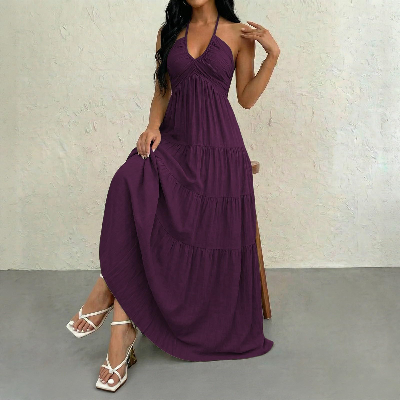 Vestido Largo Bohemio de Talla Grande con Cuello y Detalles Fruncidos para Mujer