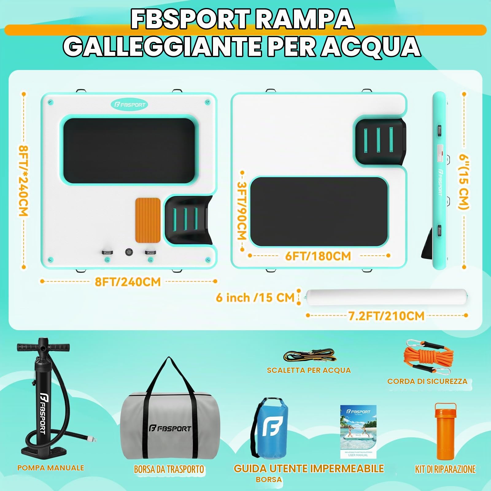 Pontone Galleggiante Gonfiabile, Piattaforma Galleggiante Antiscivolo, Isola Gonfiabile | Piattaforma per Cani 240×240cm con Rampa e Poggiapiedi, adatta per Piscina, Lago, Spiaggia e Oceano