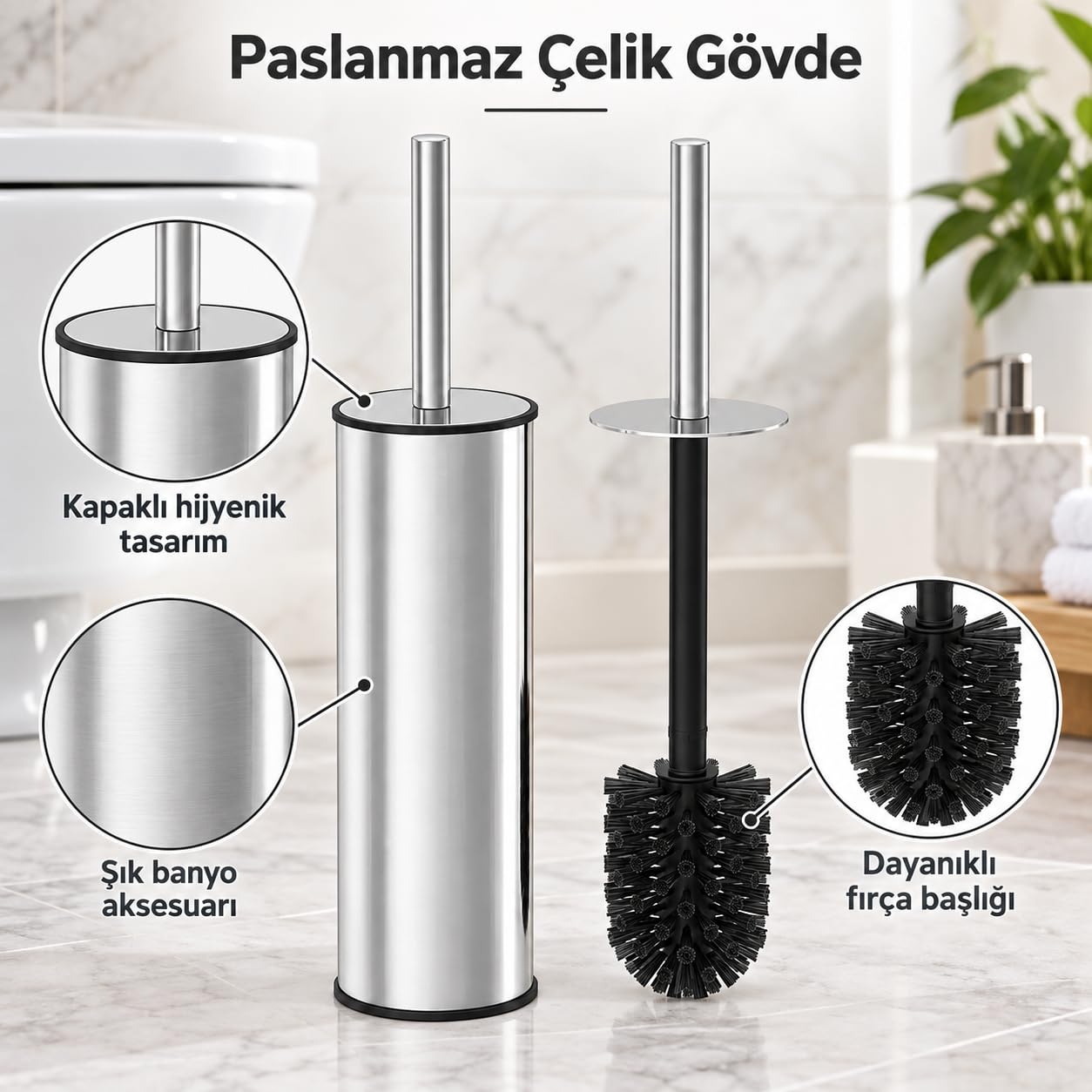 Deinhaus Paslanmaz Çelik Tuvalet Fırçası, Kapaklı WC Fırçası Seti, Gümüş Renk, Modern Banyo ve Tuvalet Aksesuarı, Tuvalet Fırçası