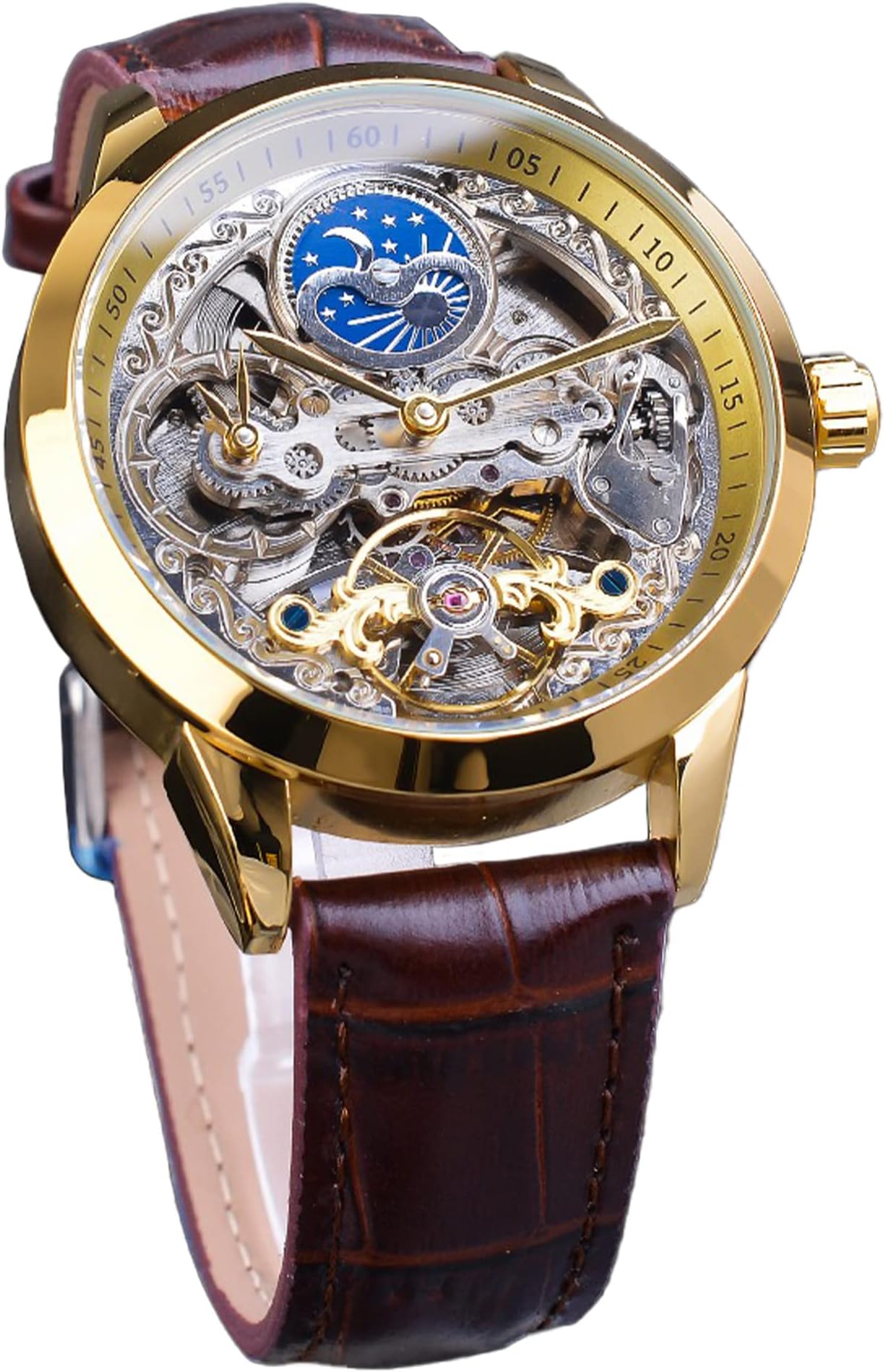 Men's Skeleton Moon Phase Watch Mechanical Self-Wind Tourbillon Dual Time Zone Watches Automatic Luxury Leather Strap Large Dial Wristwatch