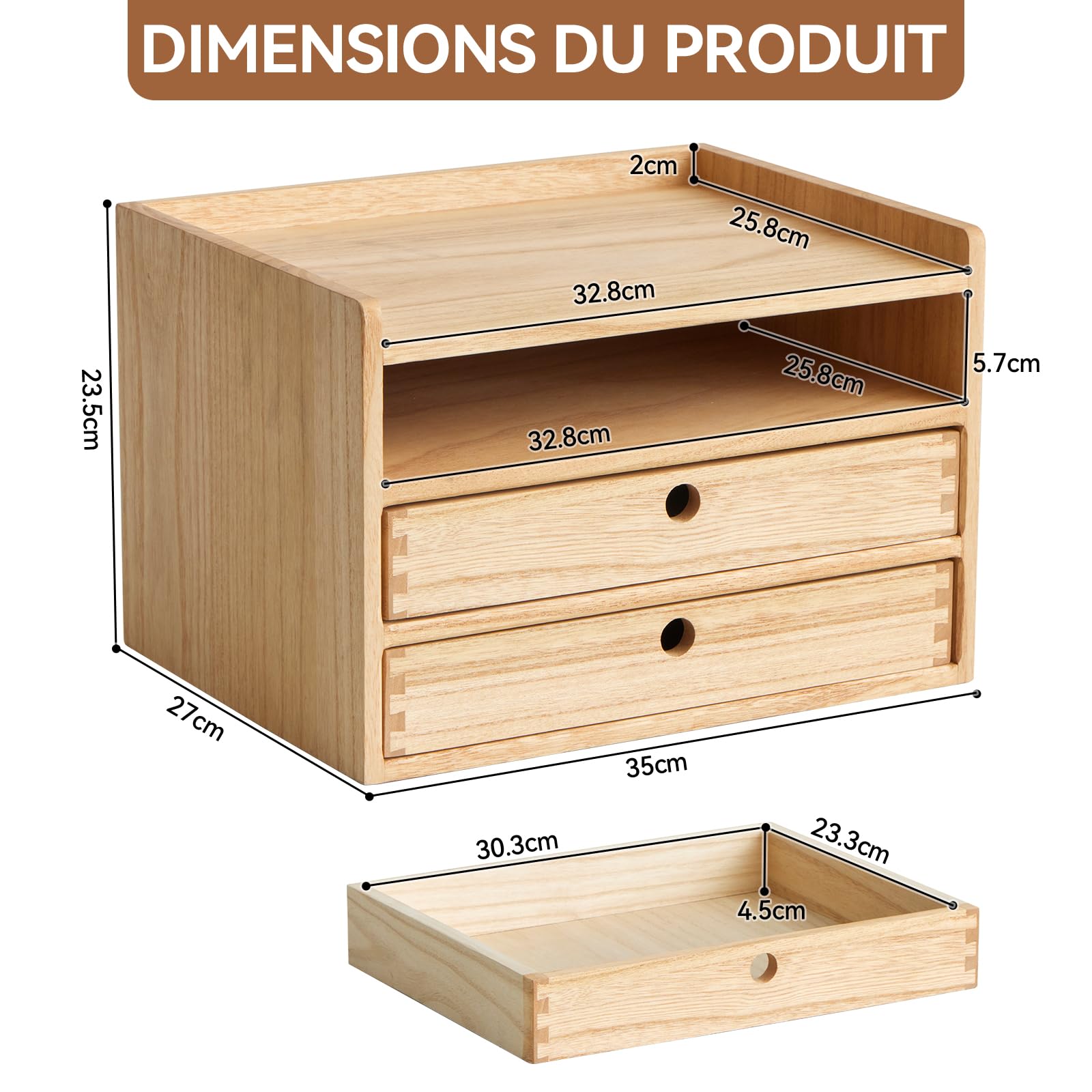 KIRIGEN Boîte de rangement en bois massif Organiseur de bureau Plumier multifonctionnel Grande capacité