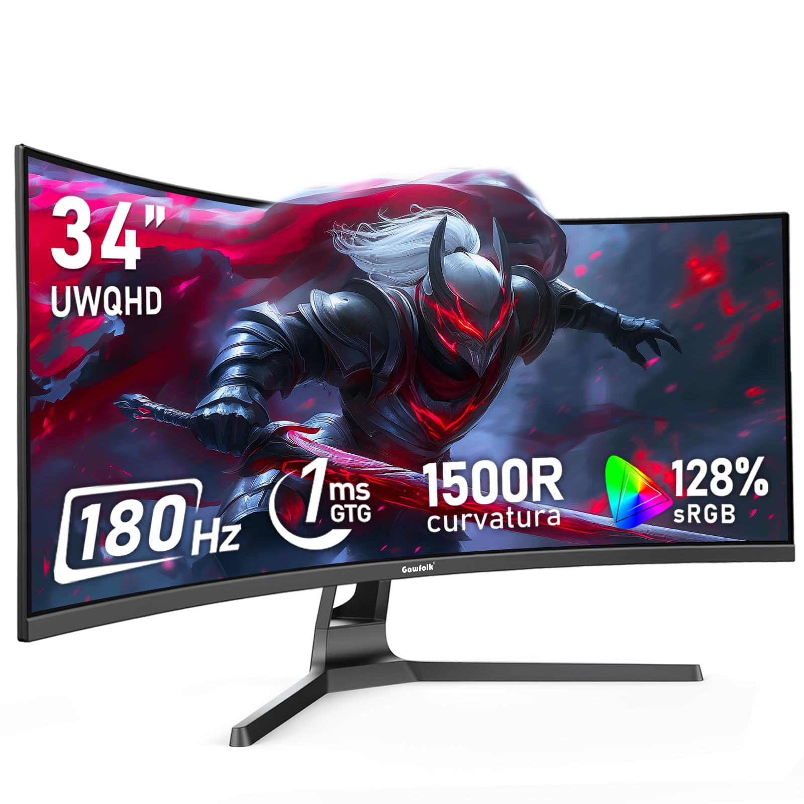 Gawfolk Ultrawide Monitor 34 Inch 1500R Curved 180Hz Gaming Computer Monitor, 21:9 UWQHD (3440x1440),128% sRGB,Adaptive Sync,HDR,178° Viewing Angle,HDMI、Display Port,VESA75×75MM – Black