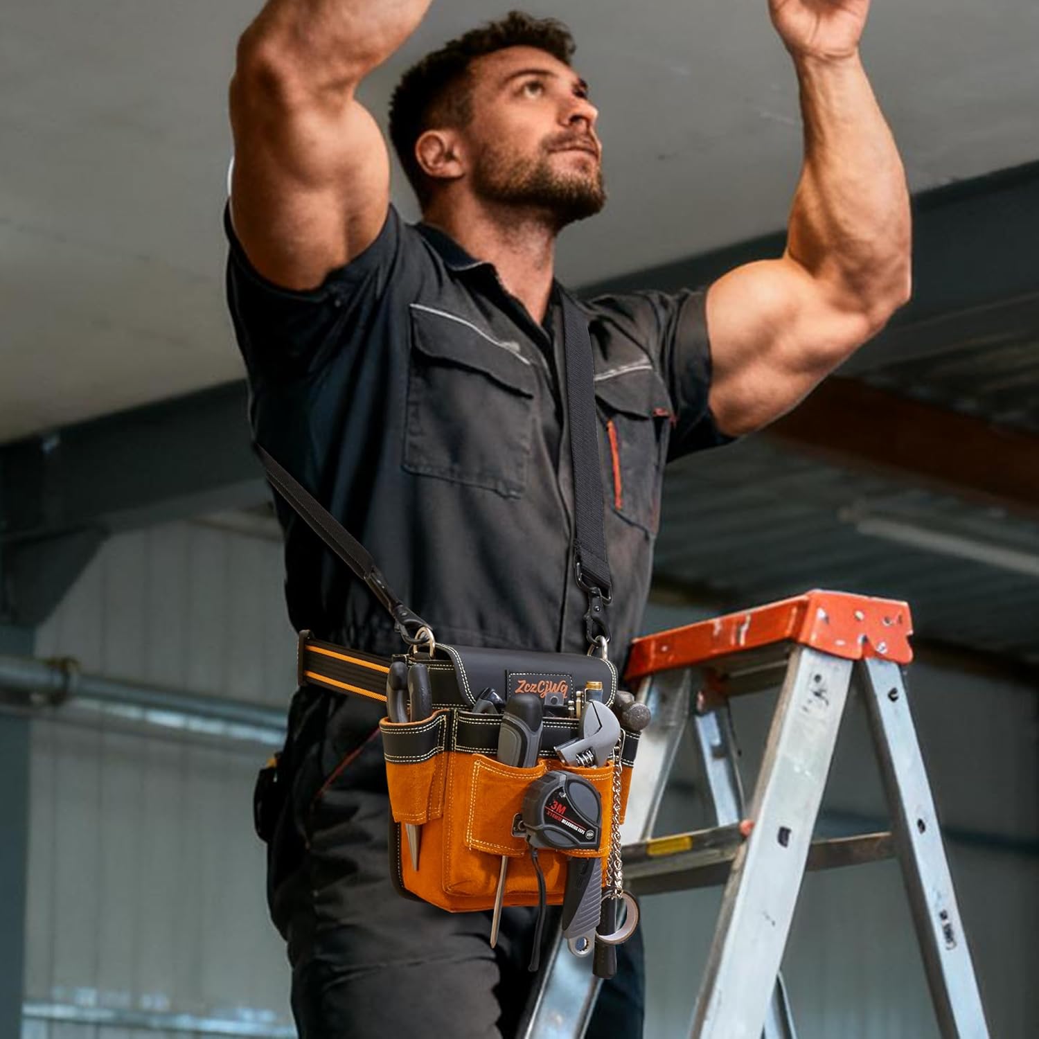 Tool Belt,9 Pockets Professional Leather Tool Belts with Suspenders for Men, Heavy Duty Detachable Adjustable Utility Belt Work Bags for Electrician, Carpenter,Construction