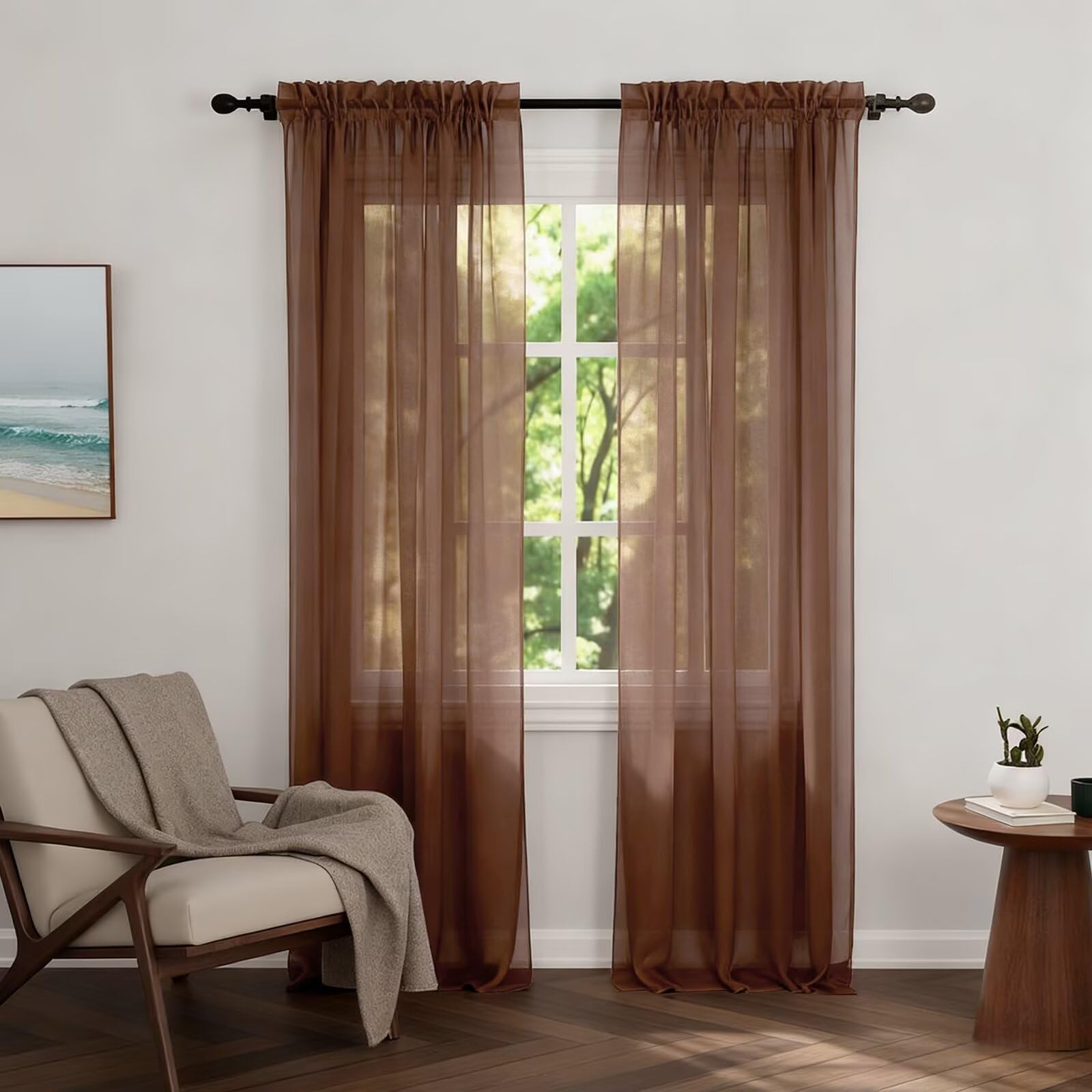 Zdada Net Curtains for Windows 108 Drop, Mocha Slot Top Voile Curtains, Semi Transparent Sheer Curtain Net Curtain Panel for Living Room Kitcken W60xL108 Inch,4 Panels