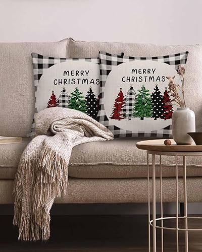 Miniatura 2 de Juego de 2 fundas de almohada de Navidad de 18 x 18 pulgadas, fundas de cojín suaves de color blanco y negro, a cuadros, para sofá, dormitorio,