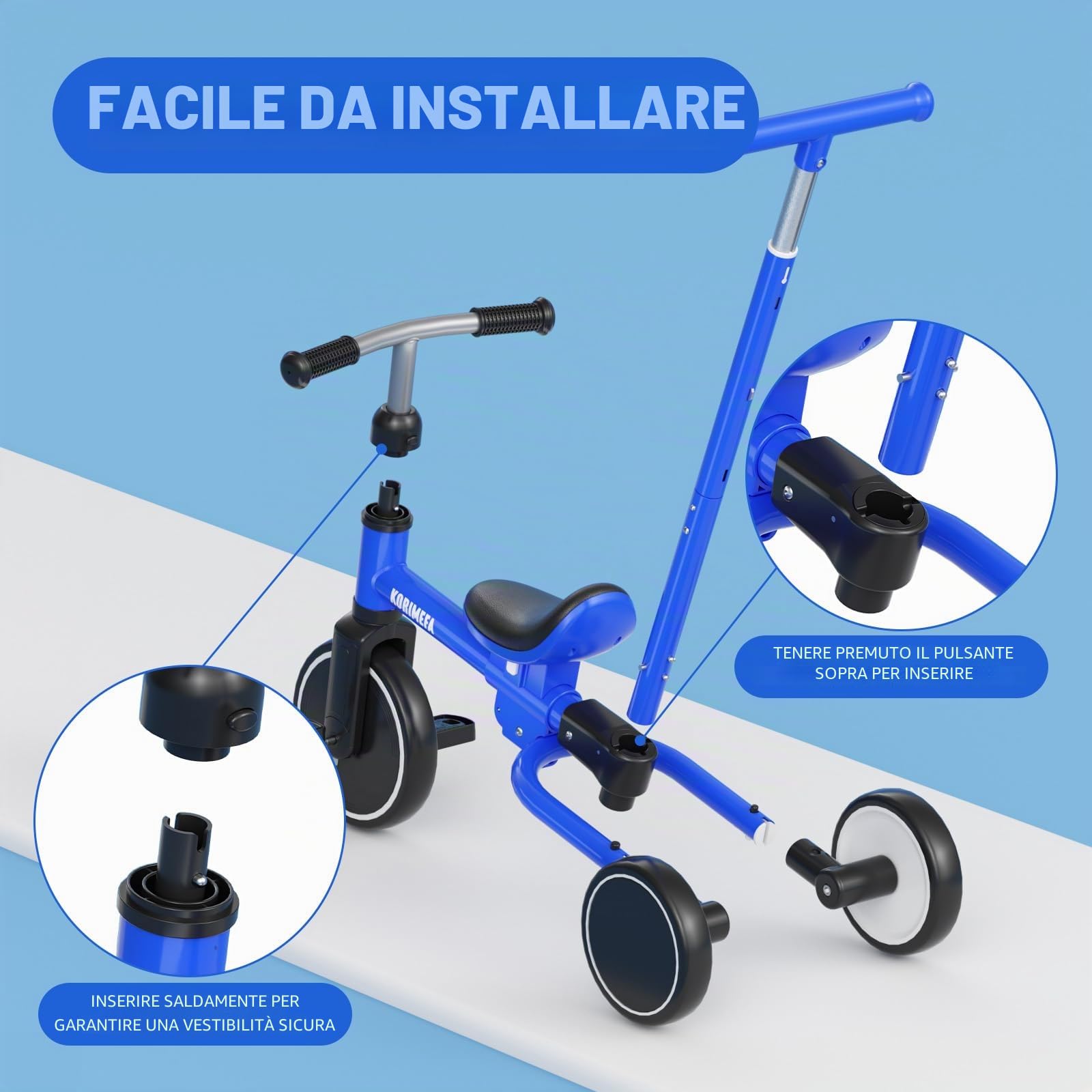 KORIMEFA Triciclo Bambini 1 anno con barra di spinta, triciclo per bambini 5 in 1 da 1 a 3 anni, sedile regolabile, pedali rimovibili, Bicicletta per Bimba e Bimbo (blu)