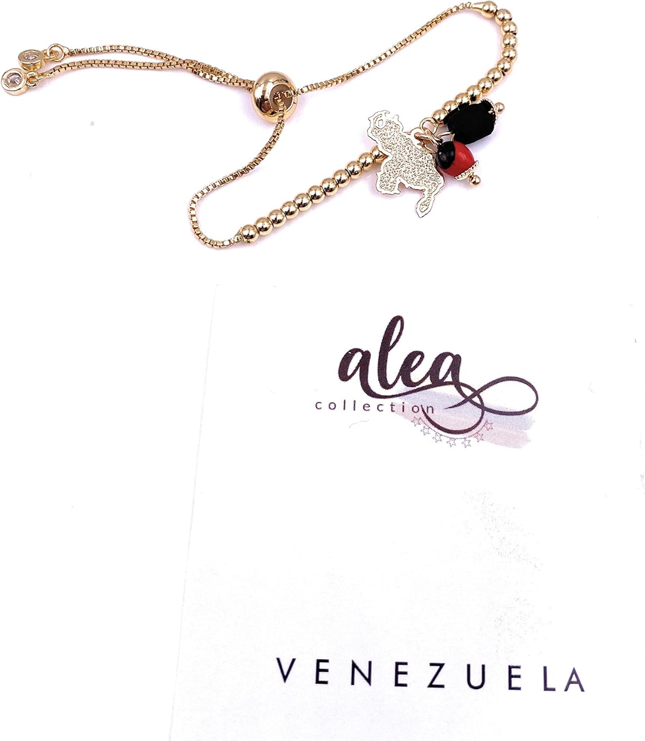 Map of Venezuela Charm Peony Seed and Powerful Azabache Bolo Chain Adjustable Bracelet