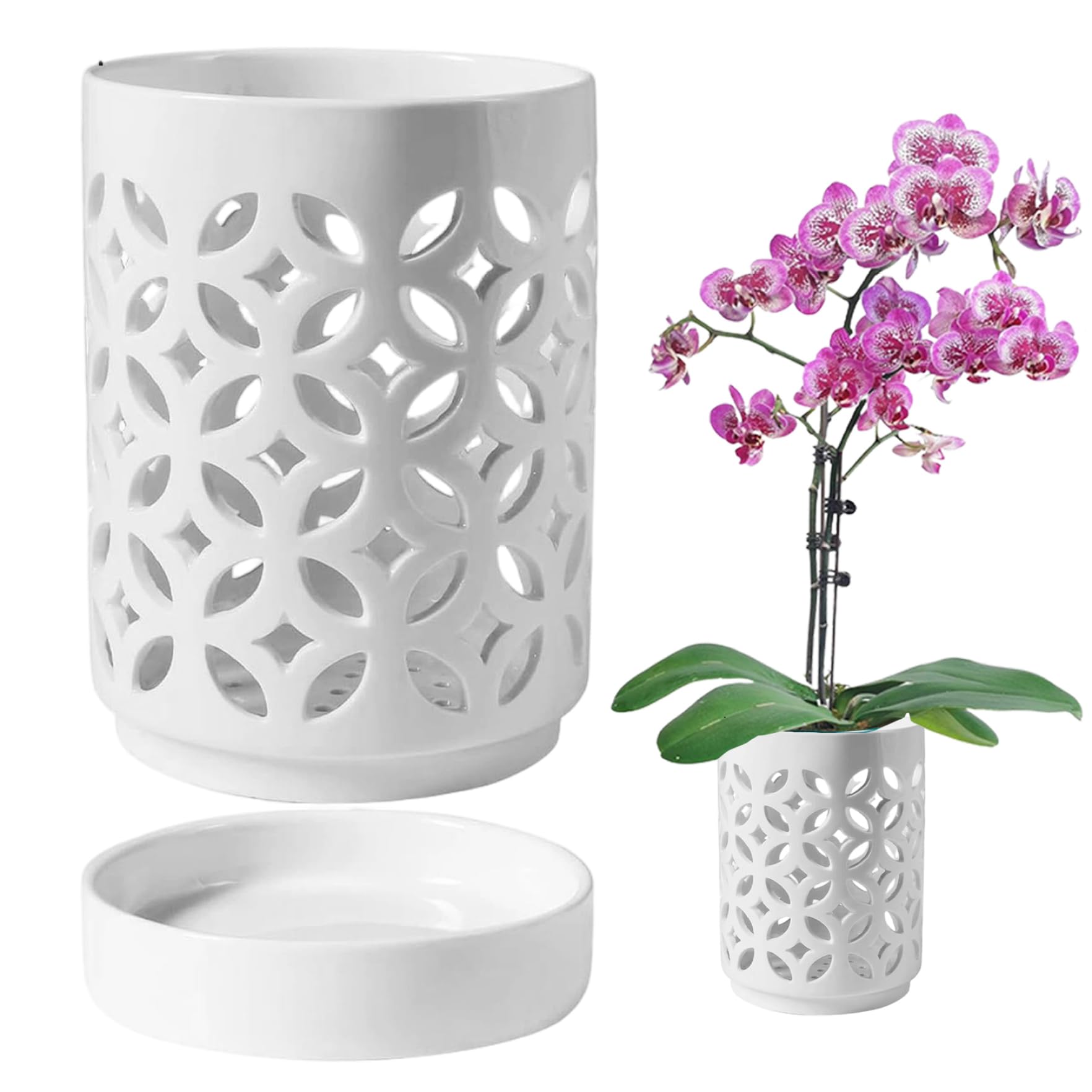 Faticenic Orchid Pots with Holes 4 Inch Ceramic Orchid Pots with Saucer for Repotting Breathable Plant Pot for Healthy Plant Growth White, With Holes, Garden Décor