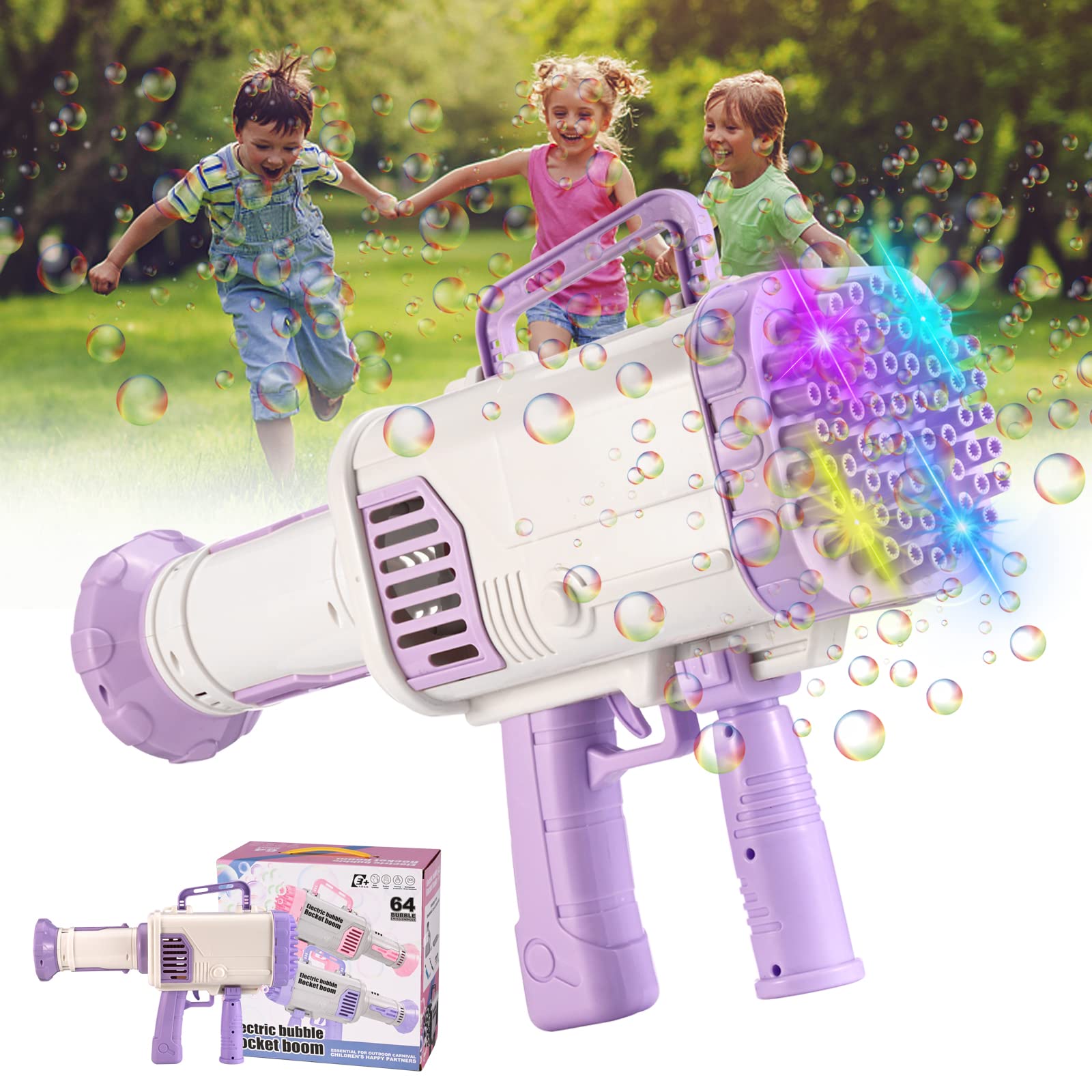 Photo 1 of Bubble Machine Gun 64-Hole Bubble Bazooka Gun Rocket Boom Bubble Machine Rocket Launcher Bubble Maker for Birthday Chirldrens Day Gift for Boys Girls Kids Toy Age 3 4 5 6 7 8+ Purple
