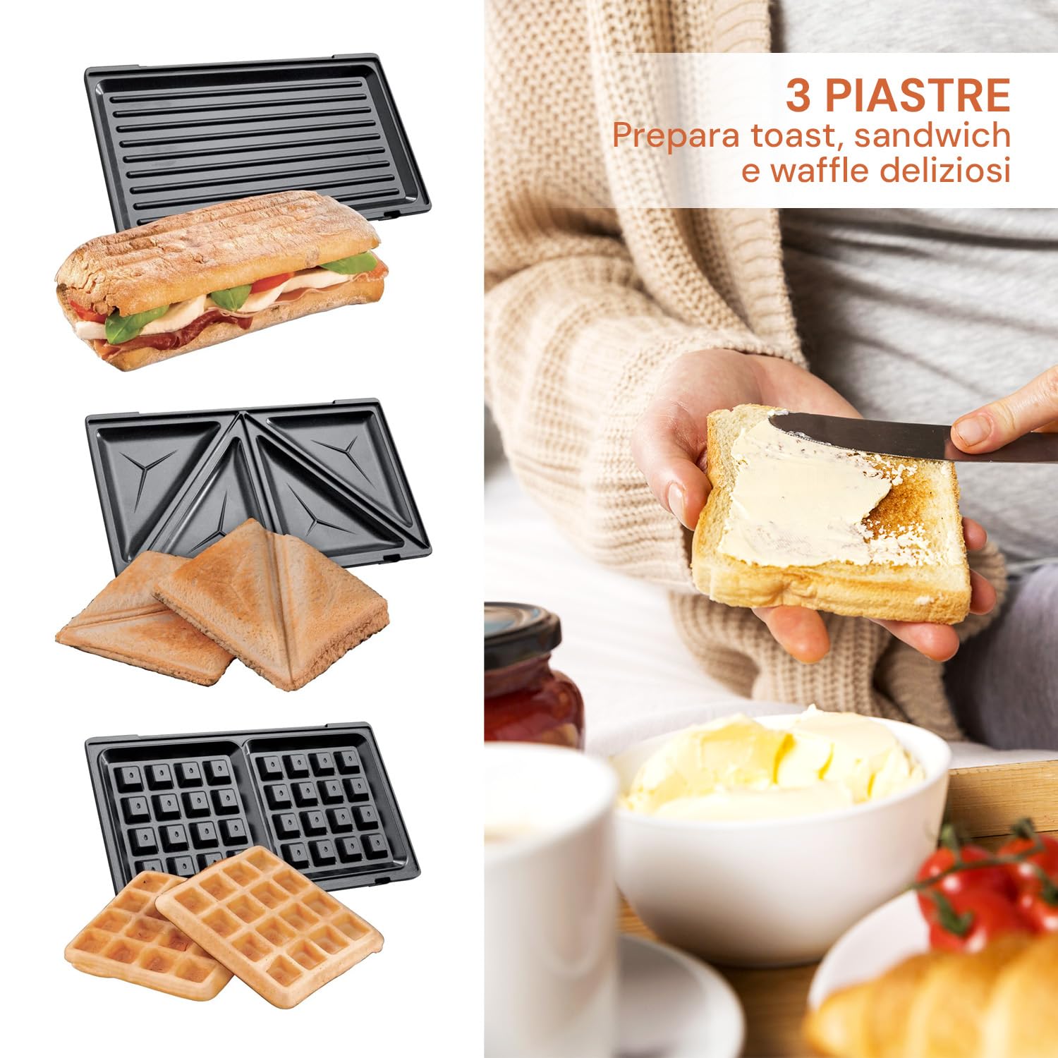 Wintem Tostiera Elettrica 3 in 1 800W con Piastre Interscambiabili Antiaderenti - Ottimo per Cucinare Panini, Toast o Waffle - Dimensioni Compatte e Salvaspazio - Facile da Pulire
