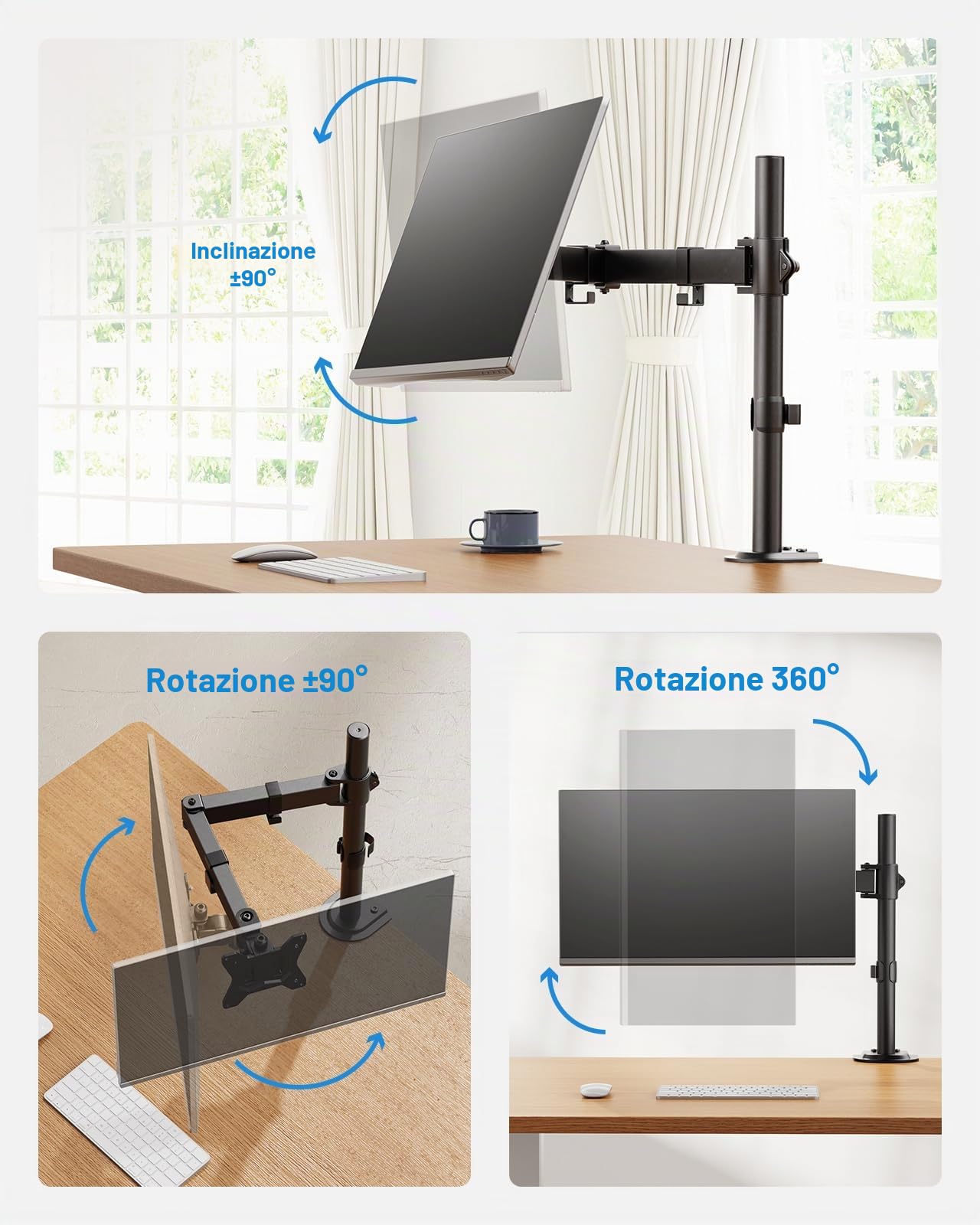 Supporto per monitor HUANUO per schermi da 13-32 pollici, inclinazione, rotazione e rotazione con regolazione dell'altezza, 2 opzioni di montaggio, VESA 75 e 100 mm