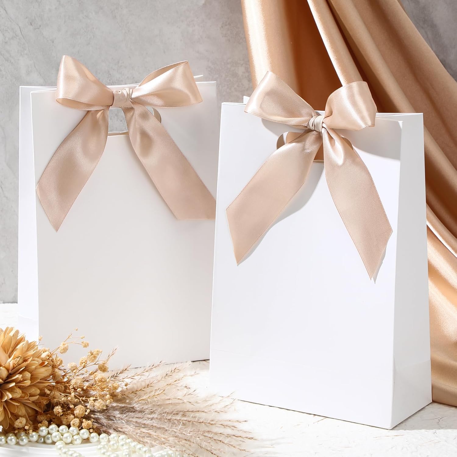 Aliceset 12 Pcs Small Thank You Bridesmaid Gift Bags 10 x 7 x 3.15'' with Die Cut Handles Compact Bags with Bow Ribbon for Wedding Baby Shower Birthday Party Favors(White,Champagne) - Image 4