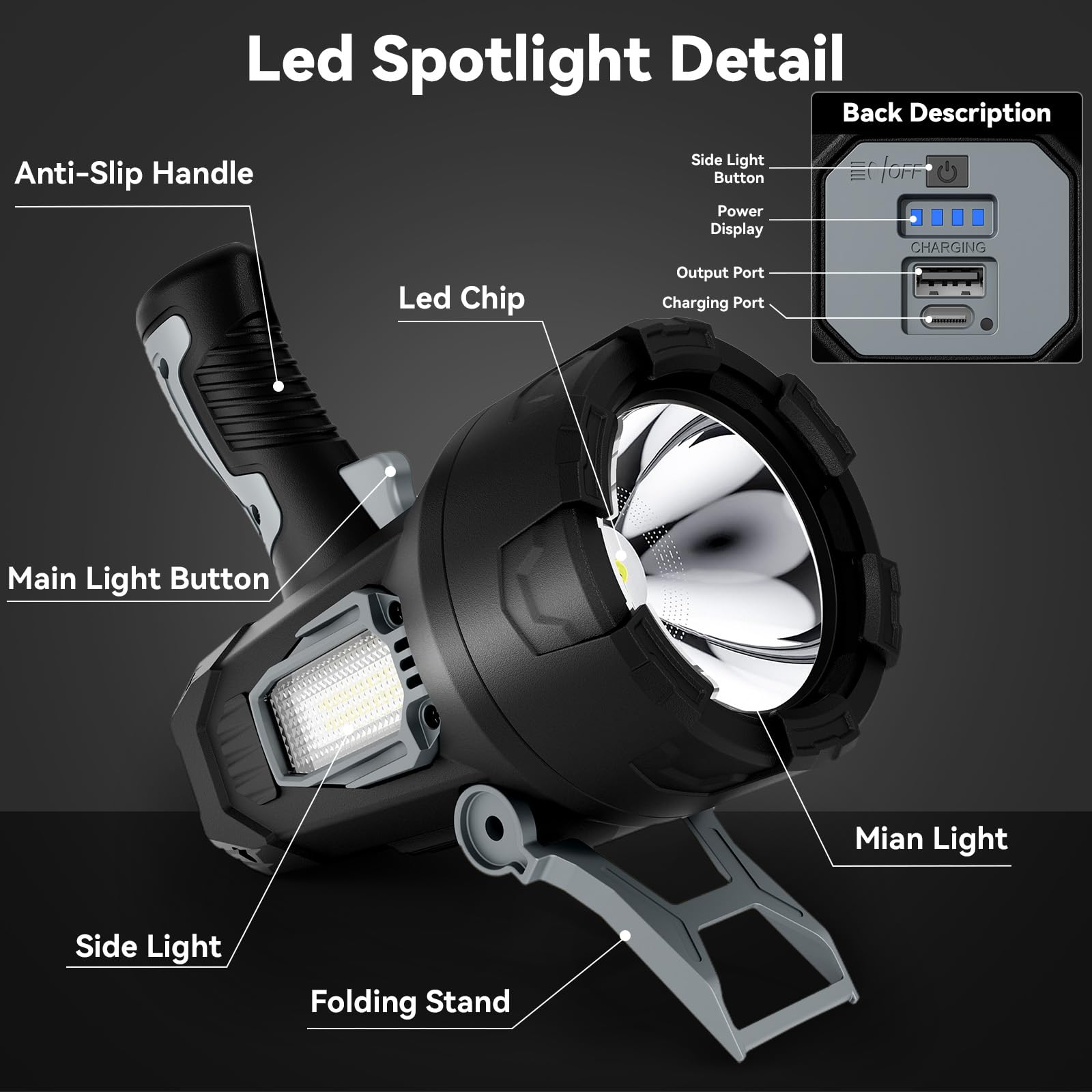 polisak Torcia ricaricabile a LED, 2.000.000 lumen, super luminosa, per esterni, con luce COB e treppiede pieghevole, luce di ricerca portatile di lunga durata, per nautica, campeggio, lavoro