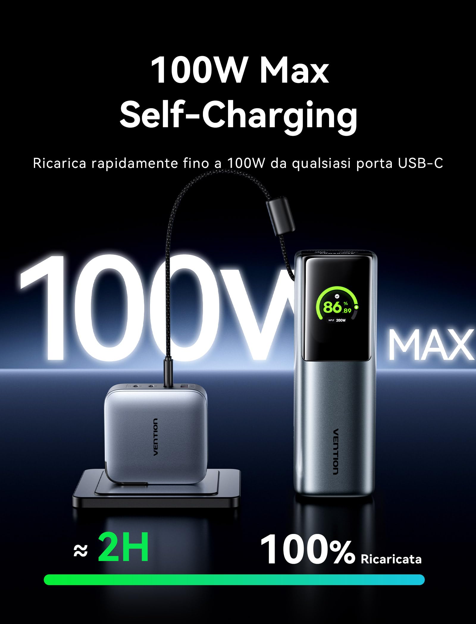 VENTION 27000mAh Laptop Powerbank 200W Ricarica Rapida Display Digital & Emoji Animation, Cavo USB-C integrato, 2 x USB-C + USB-A, per iPhone 17/16/15/14/13 Pro Max, MacBook, Dell, HP, Galaxy S24