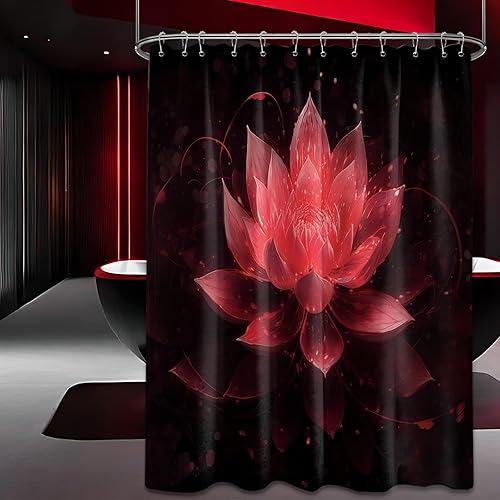 Miniatura 60 de Cortina de ducha negra y dorada con flores de loto amarillo dorado para juegos de decoración de baño, tela impermeable con ganchos, 70 x 72 pulgadas