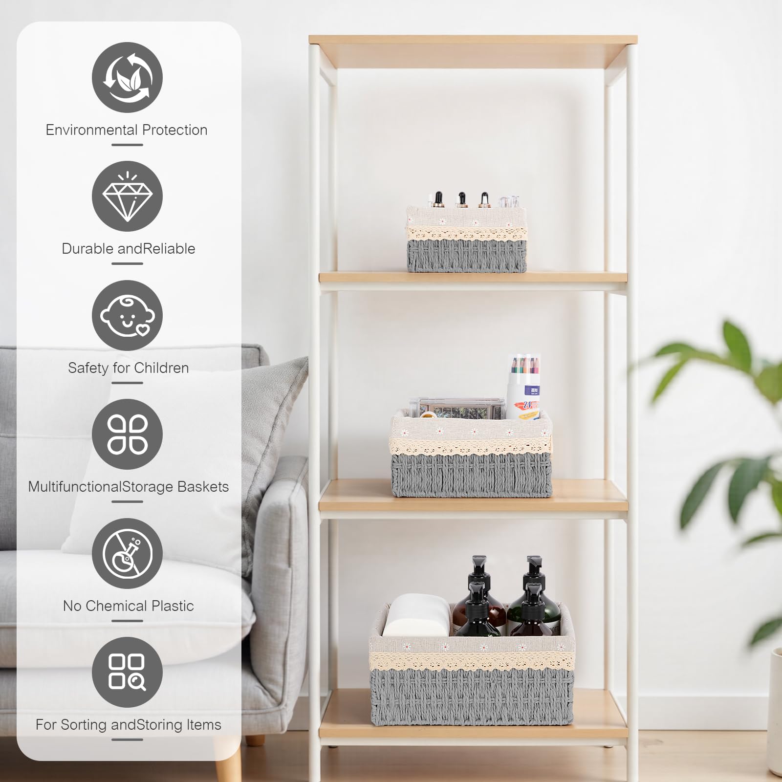 FoiiLiio Set di 3 Cestino Portaoggetti e Porta Giocattoli, Cesto in Corda di Carta, Cestini Portaoggetti Bagno Bambini, per Camerette, Bagno, Cassetti, Cucine, Soggiorno (Grigio)
