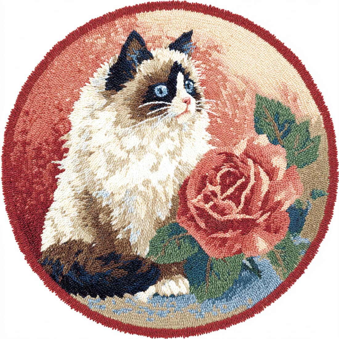 Rqwybcaxn DIY Embroidery Kit alfombra Para Personas Mayores Animal Cross Stitch Kit gato y rosas 100x100cm Round con Herramientas Para Tapicería Estudio Regalo Artesanal