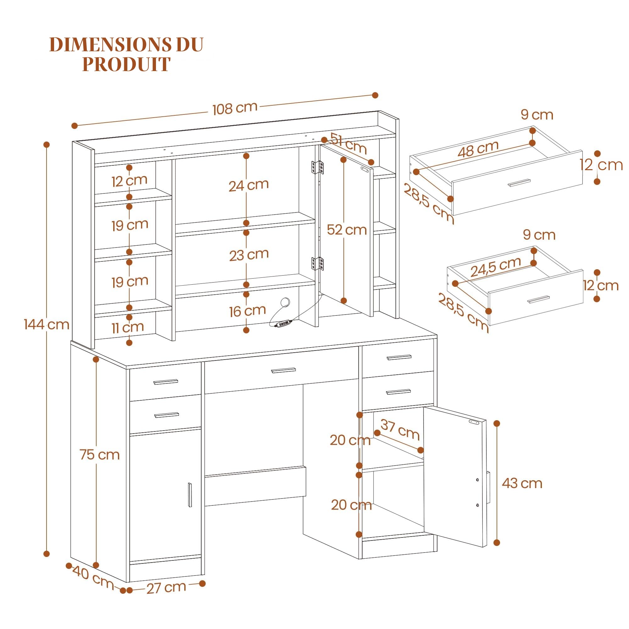 HEXCELEN 108 cm Coiffeuse avec Miroir et Lumières LED, Blanc | Luminosité Réglable, Tiroirs, Armoire et Étagères Ouverts, Table de Maquillage, Miroir avec Étagères Cachées