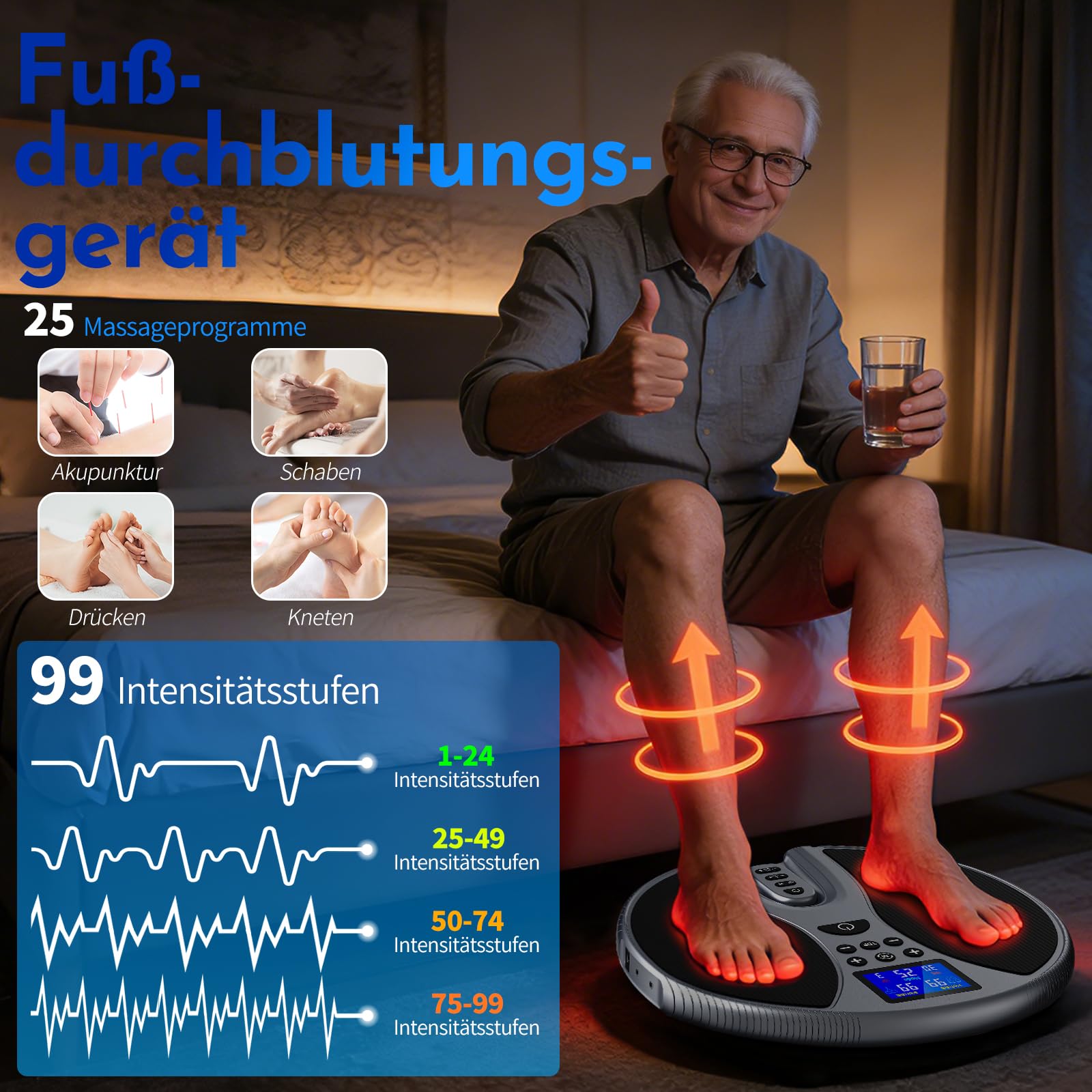 Durchblutungs-Stimulator Füße Beine, EMS Fußmassagegerät mit Rotlichttherapie 25 Modi und 99 Intensitäten zur Verbesserung der Durchblutung, Elektrische FußMassagegeräte mit TENS Elektrodenpads