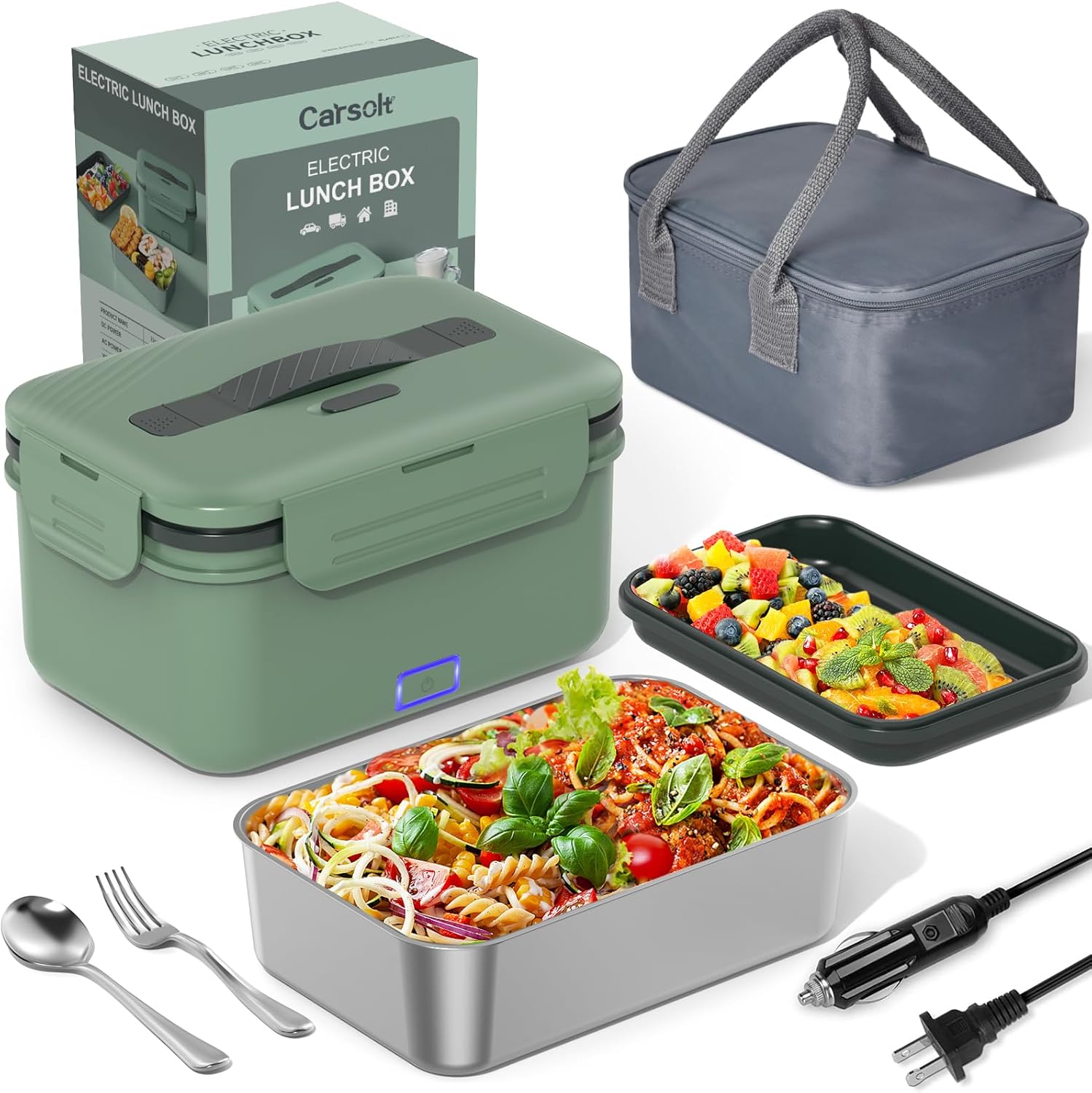 Electric Lunch Box Food Heater Upgrade 3 in 1 Portable Food Warmer 60-100W Leakproof Heated Lunch Box for Adults Car/Truck/Office with 1.8L SS Container Fork Spoon Carry Bag, 12V/24V/110V Green