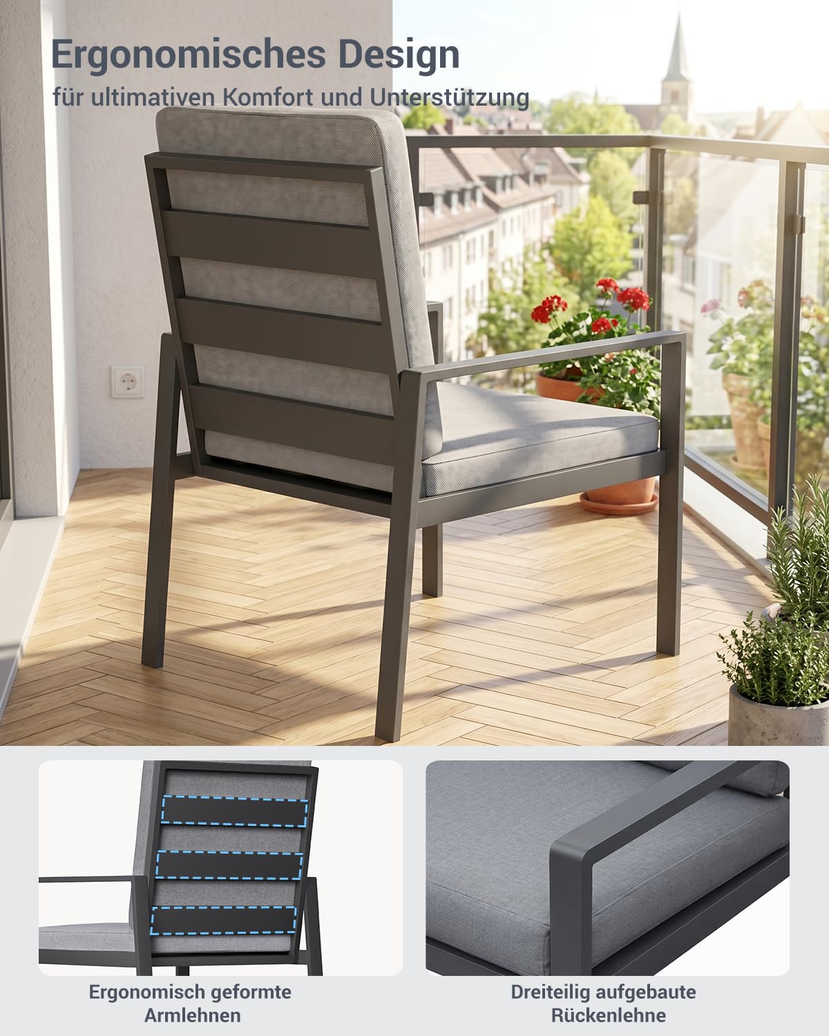 Atenza Gartenmöbel Set 5-teilig wetterfest, Tisch 140x80 cm, 4 Stühle | Rostfreies Aluminiumgestell, WPC-Tischplatte, breite Sitz- und Rückenkissen, Outdoor Essgruppe für Terrasse & Garten