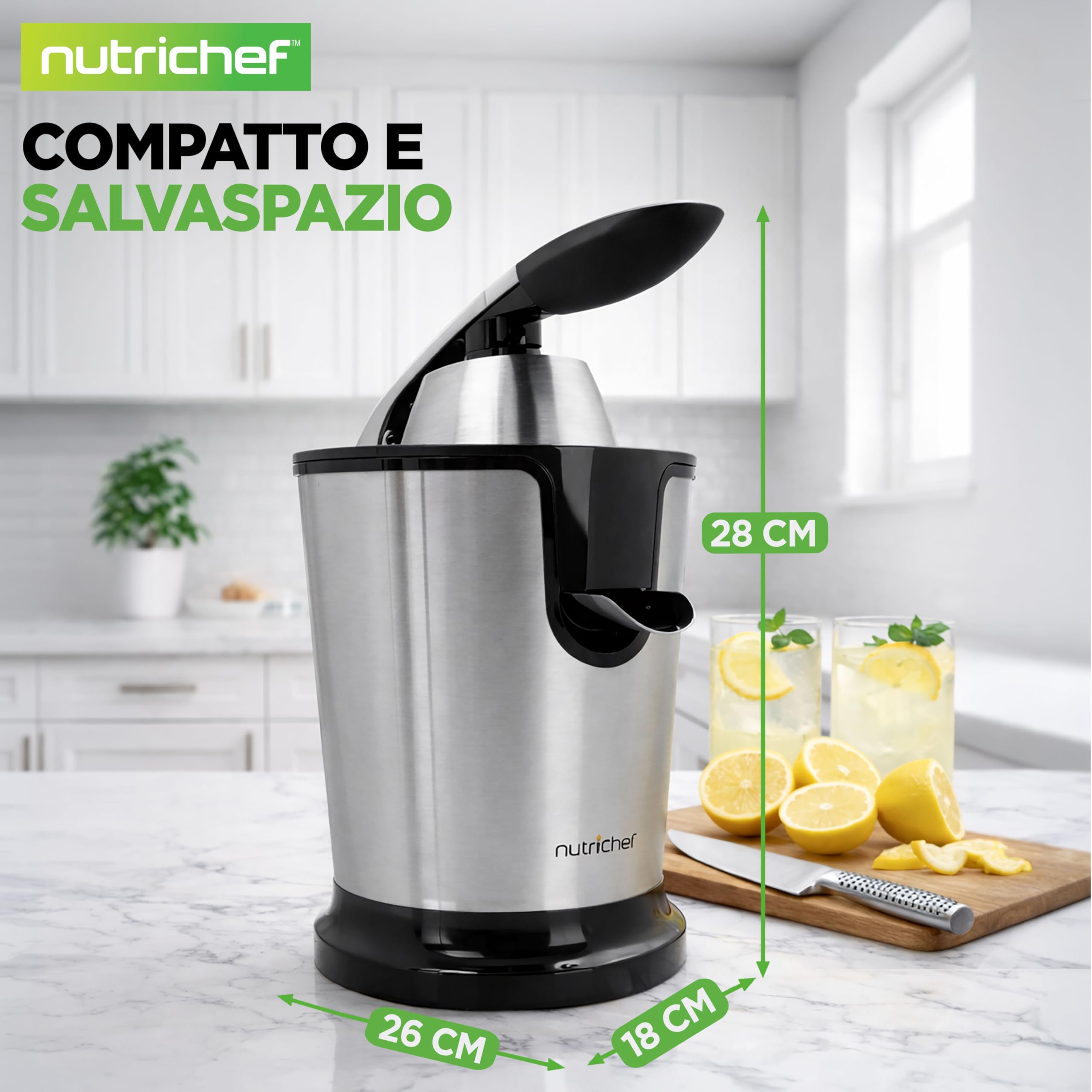 NutriChef Estrattore di Succo, Estrattore e Centrifuga Spremiagrumi Elettrico in Acciaio Inox con Pressa Manuale, Filtro Polpa Regolabile, Lavabile in Lavastoviglie, Motore 160 Watt