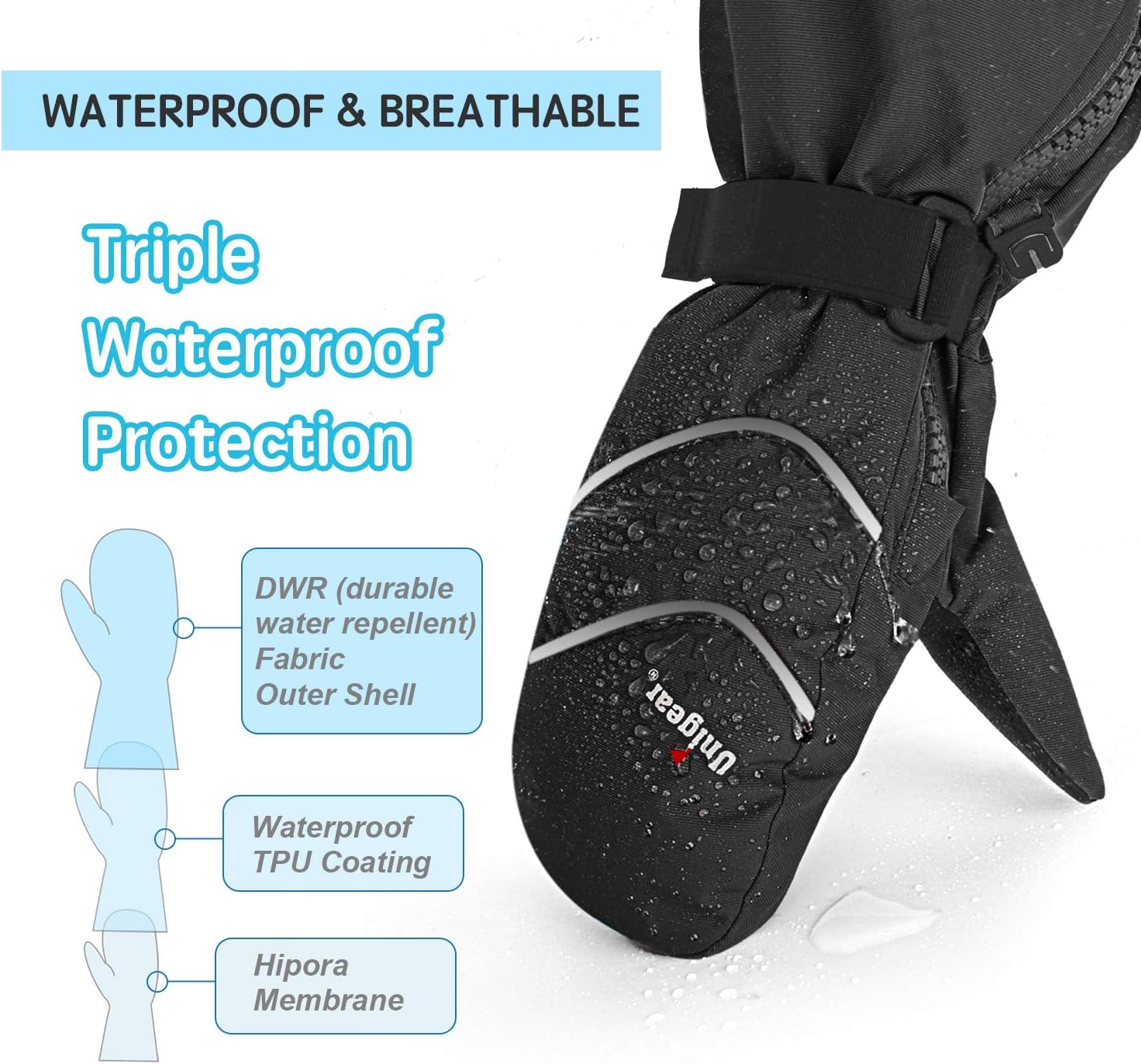 Unigear Kids Ski Mittens Waterproof Winter Snow Thinsulate Mittens with String for Boys Girls