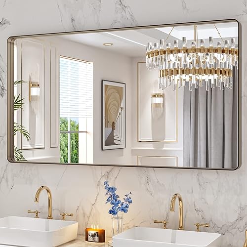 Miniatura 326 de LOAAO - Espejo de tocador para baño con marco de metal negro mate de 24 x 32 pulgadas para pared, rústico, rectangular, grande, redondeado