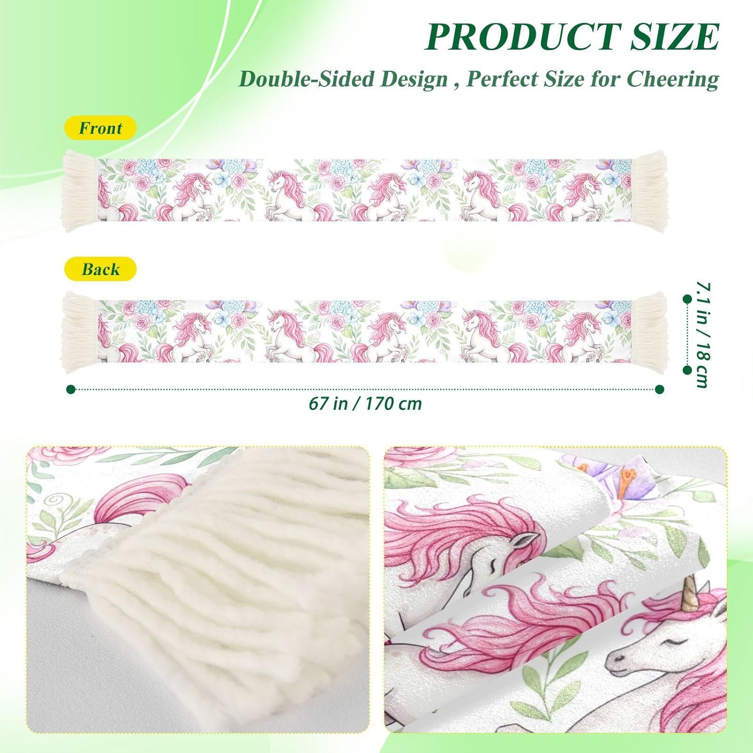 CHIFIGNO Unicorns Pink Pastel Flowers Sports Fan Scarf with Fringe Ends, Polyester Soft Absorbent Towel Scarf for Soccer Fans, Cheering Banner Wrap