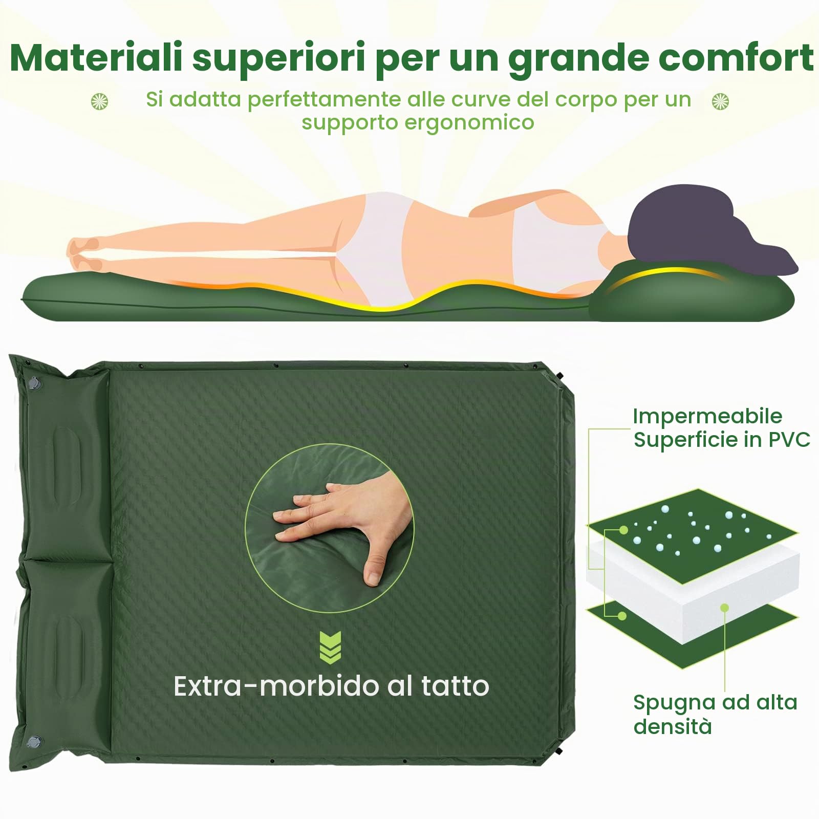 KOMFOTTEU Materassino da Campeggio Autogonfiabile 2 Persone con Cuscino | Materassino Portatile Pieghevole per Dormire all'Aperto, Impermeabile per Escursioni, 190x130 cm, Verde