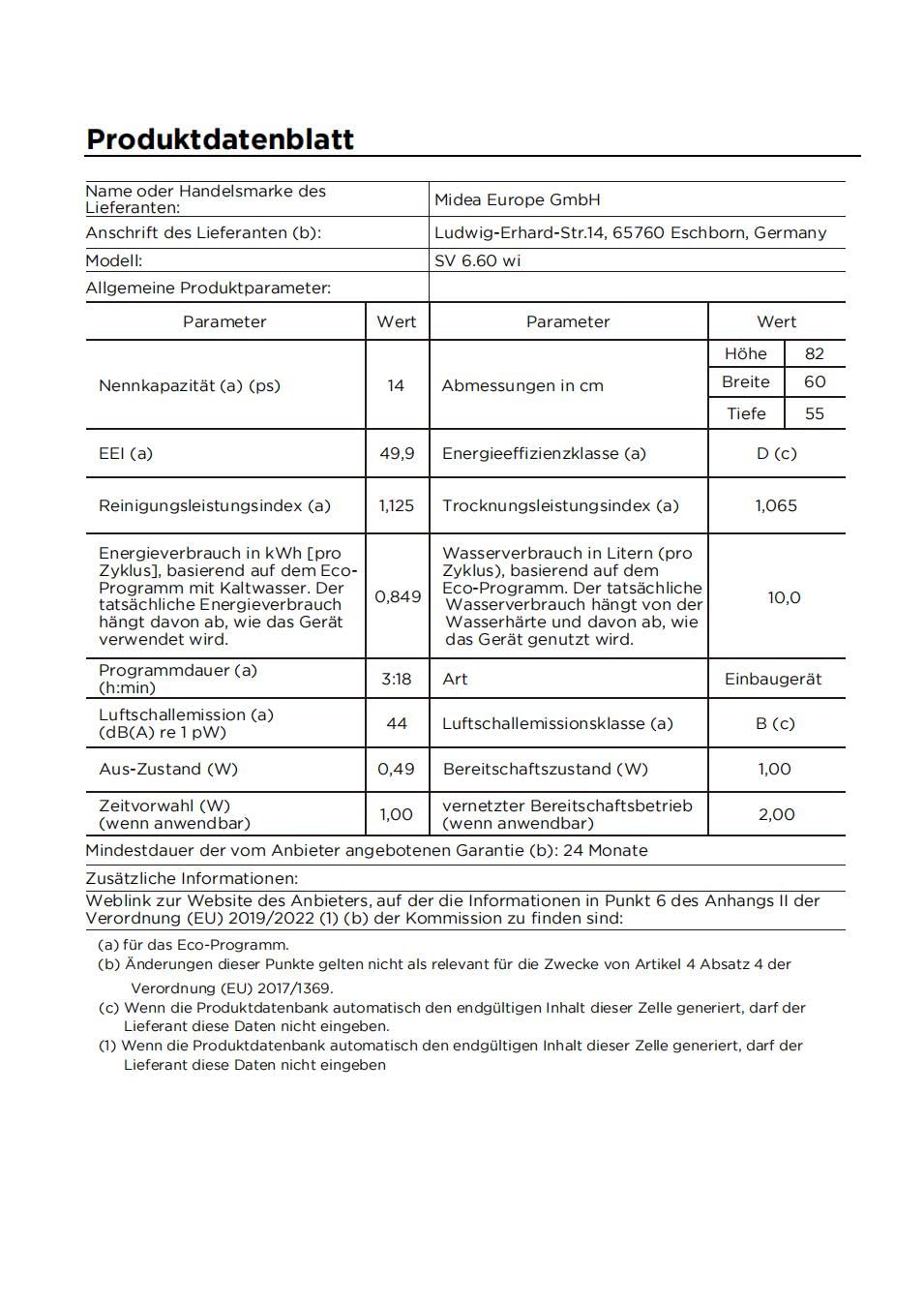 Midea SV 6.60 wi Geschirrspüler 60cm Vollintegrierbar, 14 Maßgedecke ...
