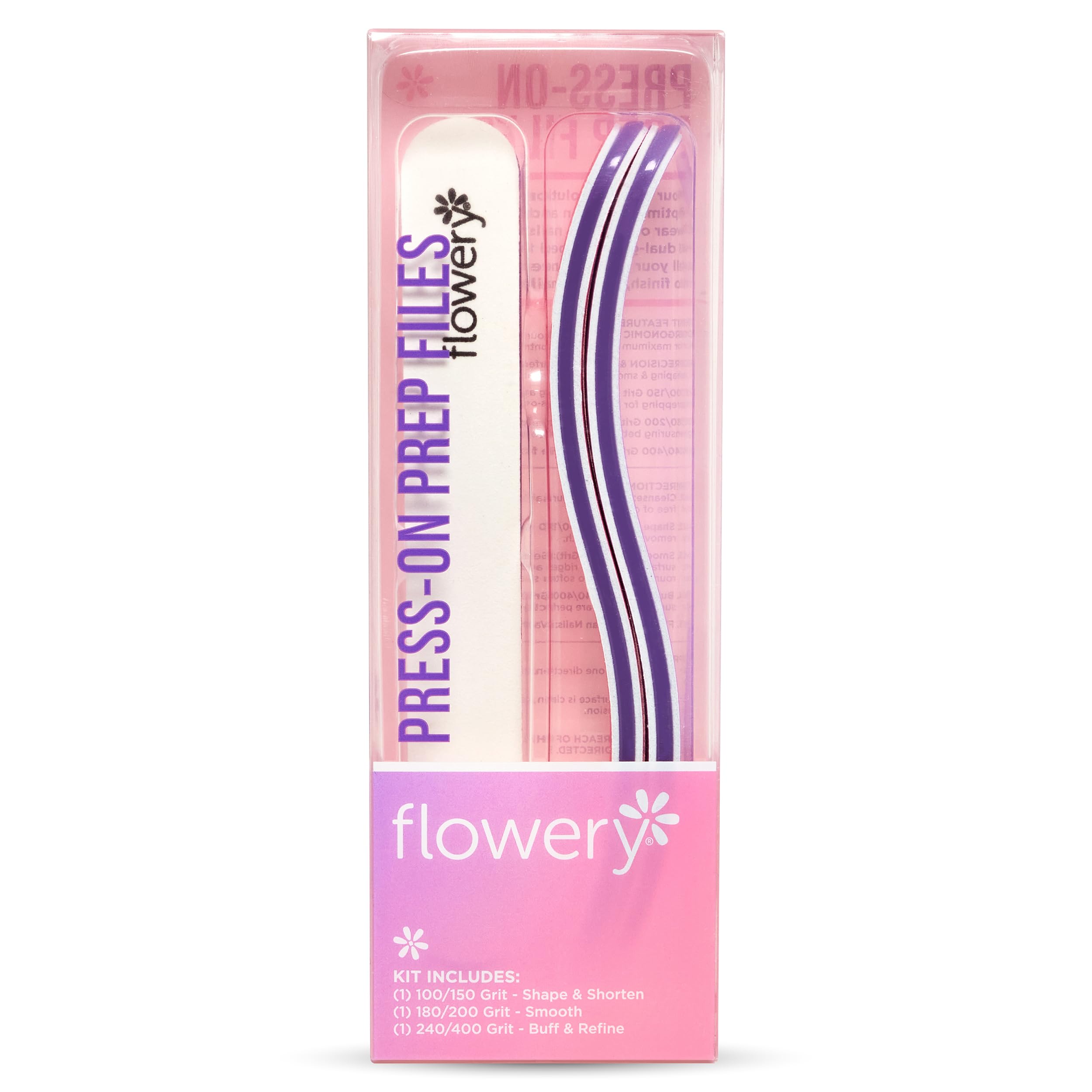Flowery Press-On Prep Nail Files – 3-Piece Dual-Sided Fingernail Filer, 100/150, 180/200, 240/400 Grit Nail Files for Natural Nails, Buffing & Shaping, DIY Manicure Tool