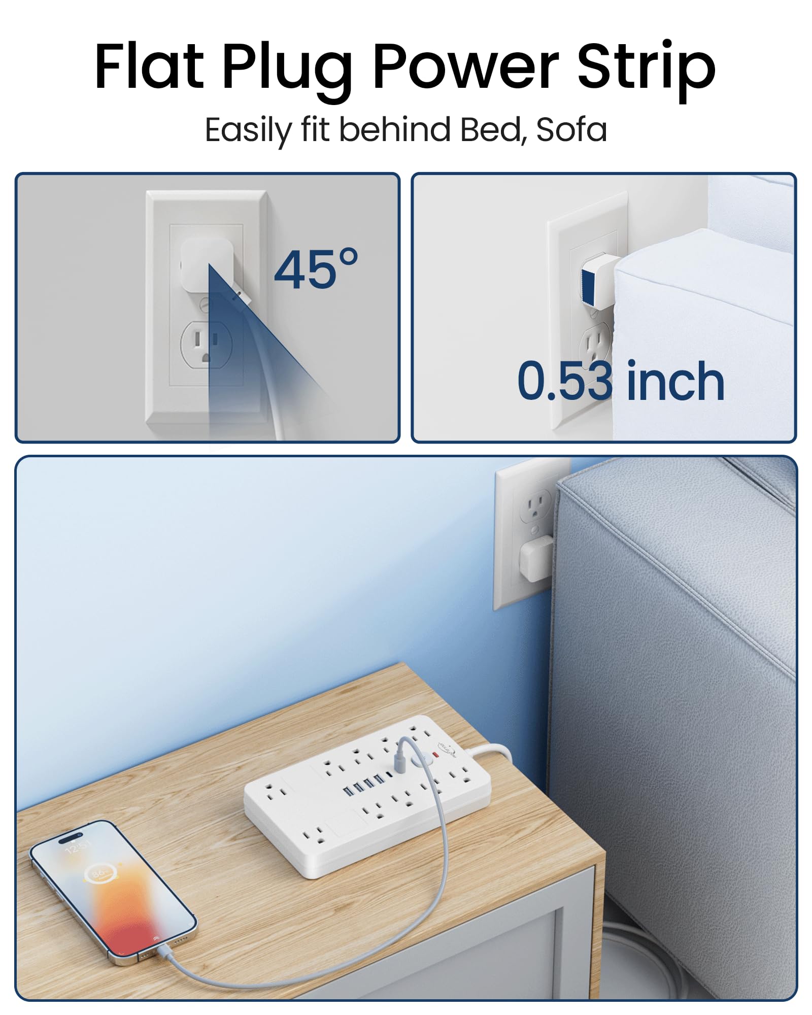 JouleLoom - Regleta de protección contra sobretensiones, 10 Salidas (1850 W/15 A) con 6 Puertos USB (2 USB C), Cable de extensión de 6 pies para Montaje en Pared, listado ETL para el hogar