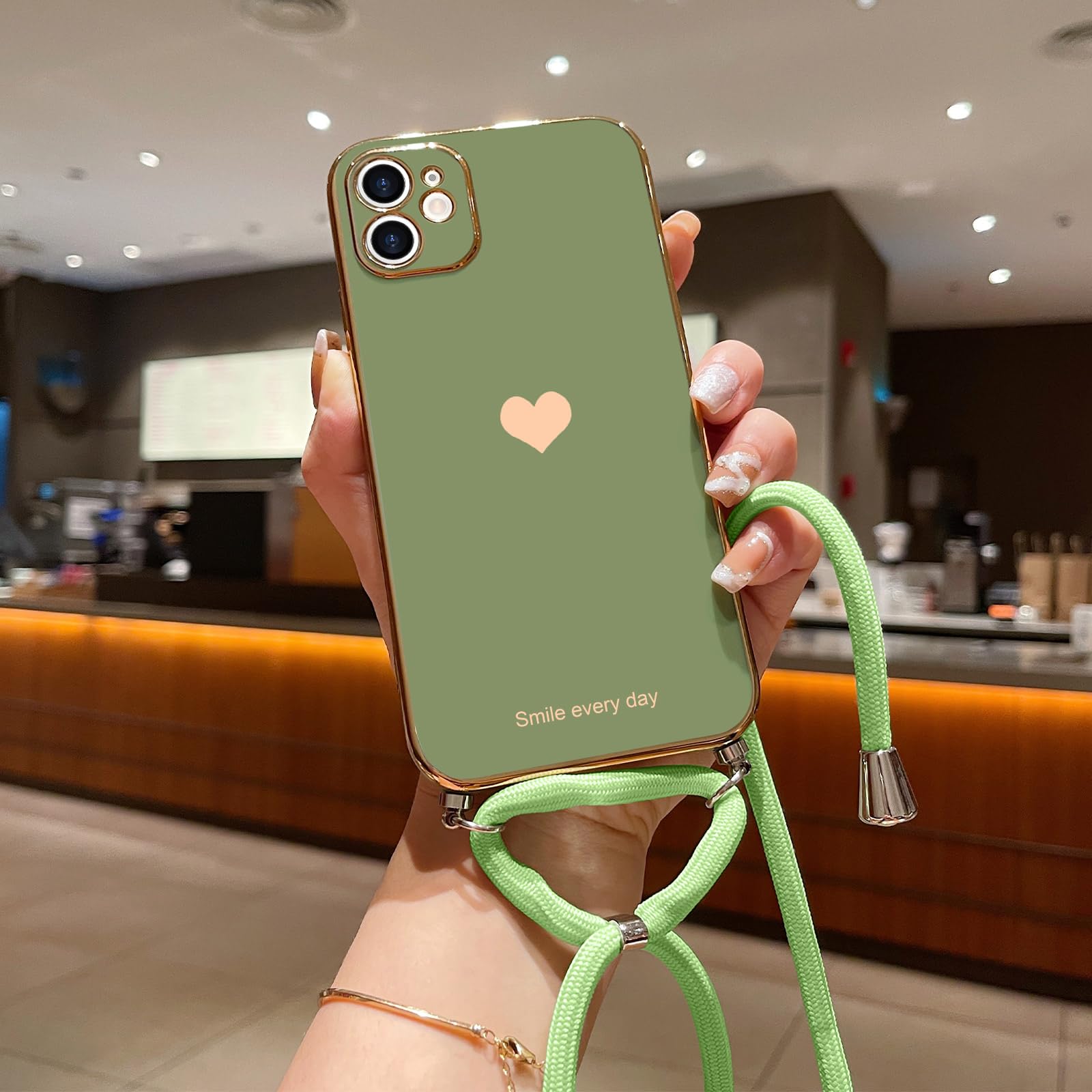 Wirvyuer Cover Compatible con iPhone 12 Custodia con Cordino Regolabile Donna Amore Cuore Cover con Collana Elettrolitico protezione fotocamera Silicone Case per iPhone 12 Nero